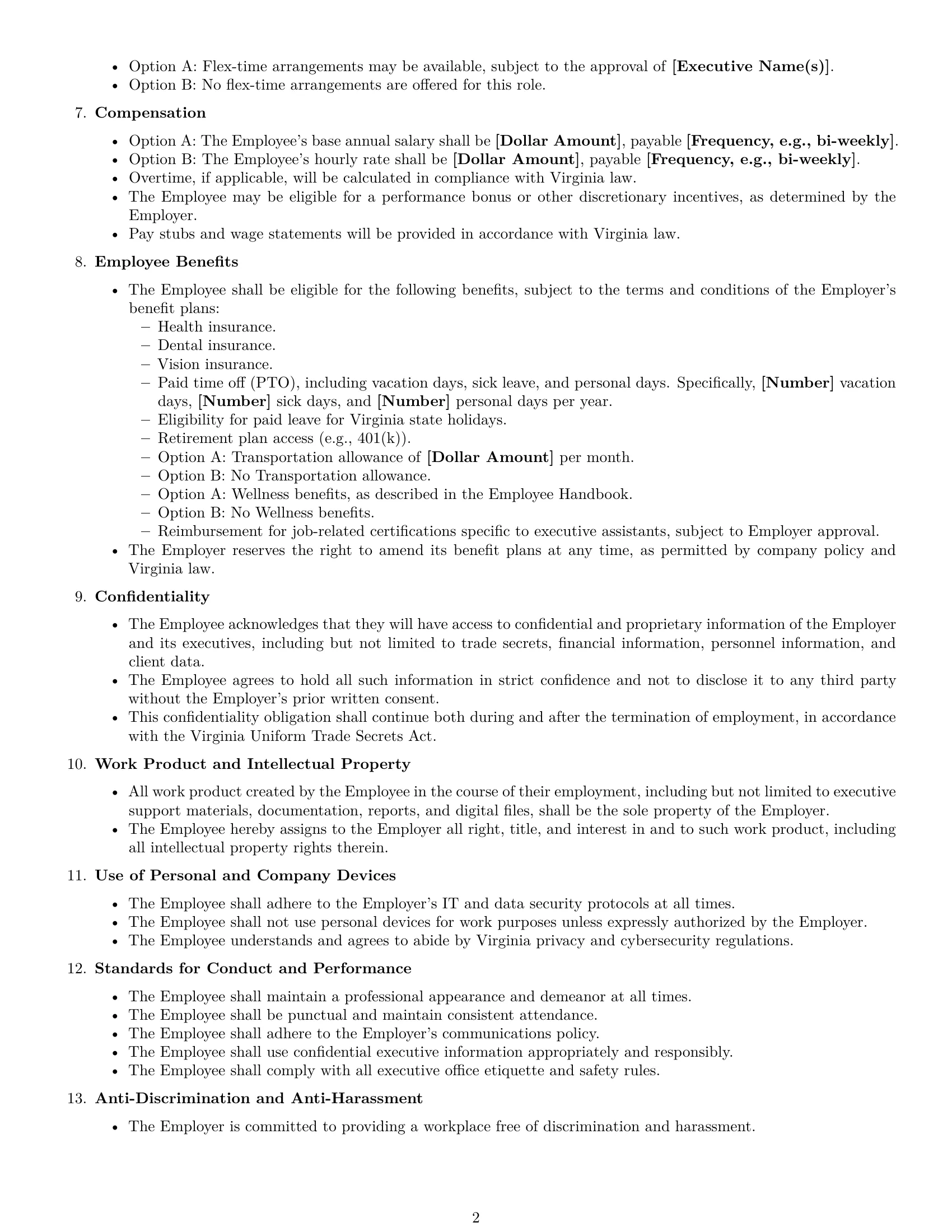 Preview page 2 of Free Virginia executive assistant employment contract template