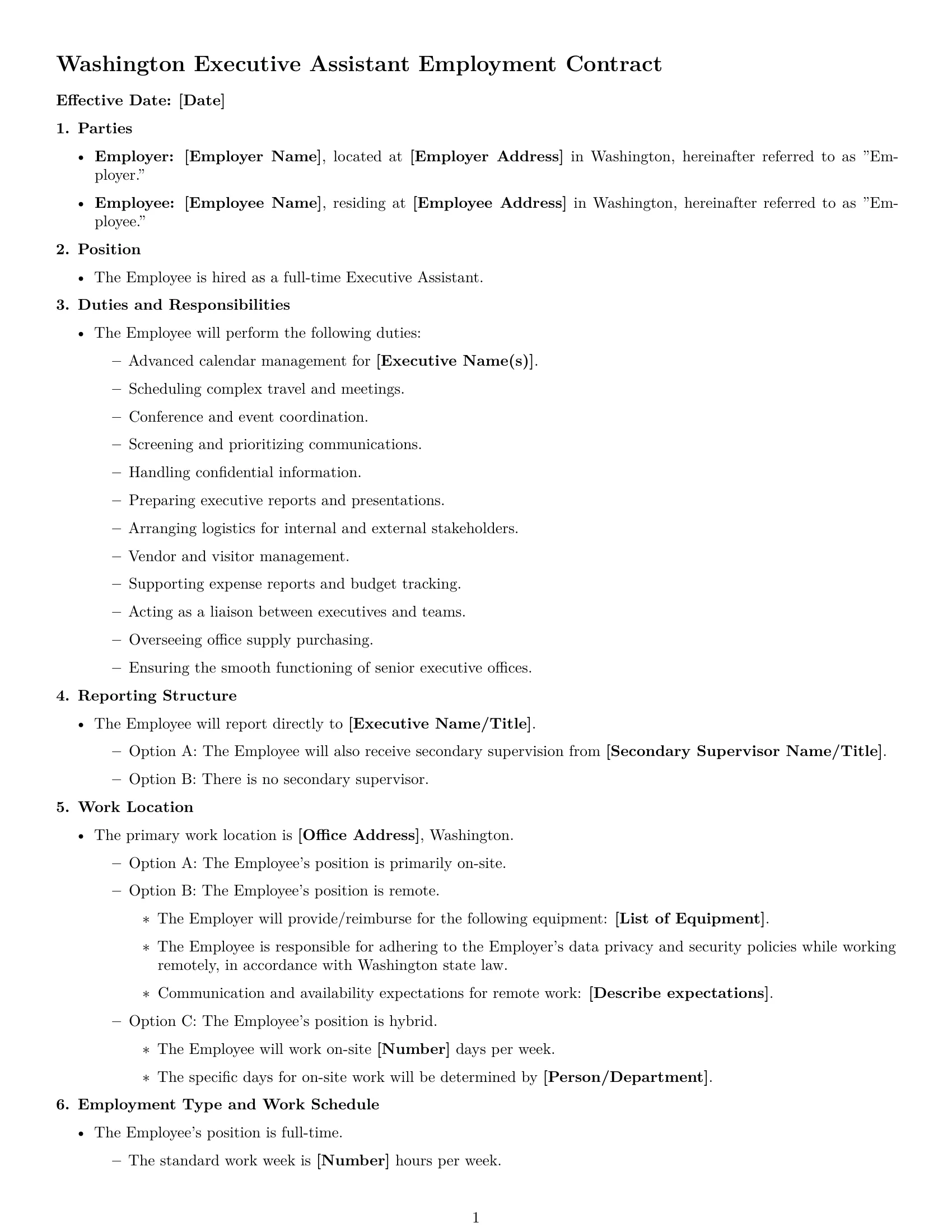 Preview page 1 of Free Washington executive assistant employment contract template