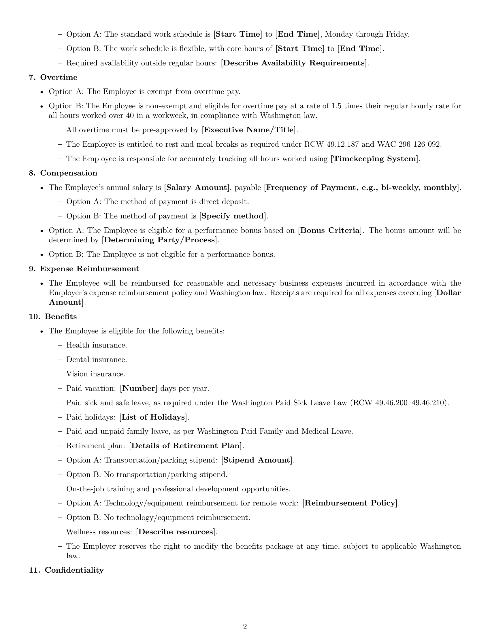 Preview page 2 of Free Washington executive assistant employment contract template