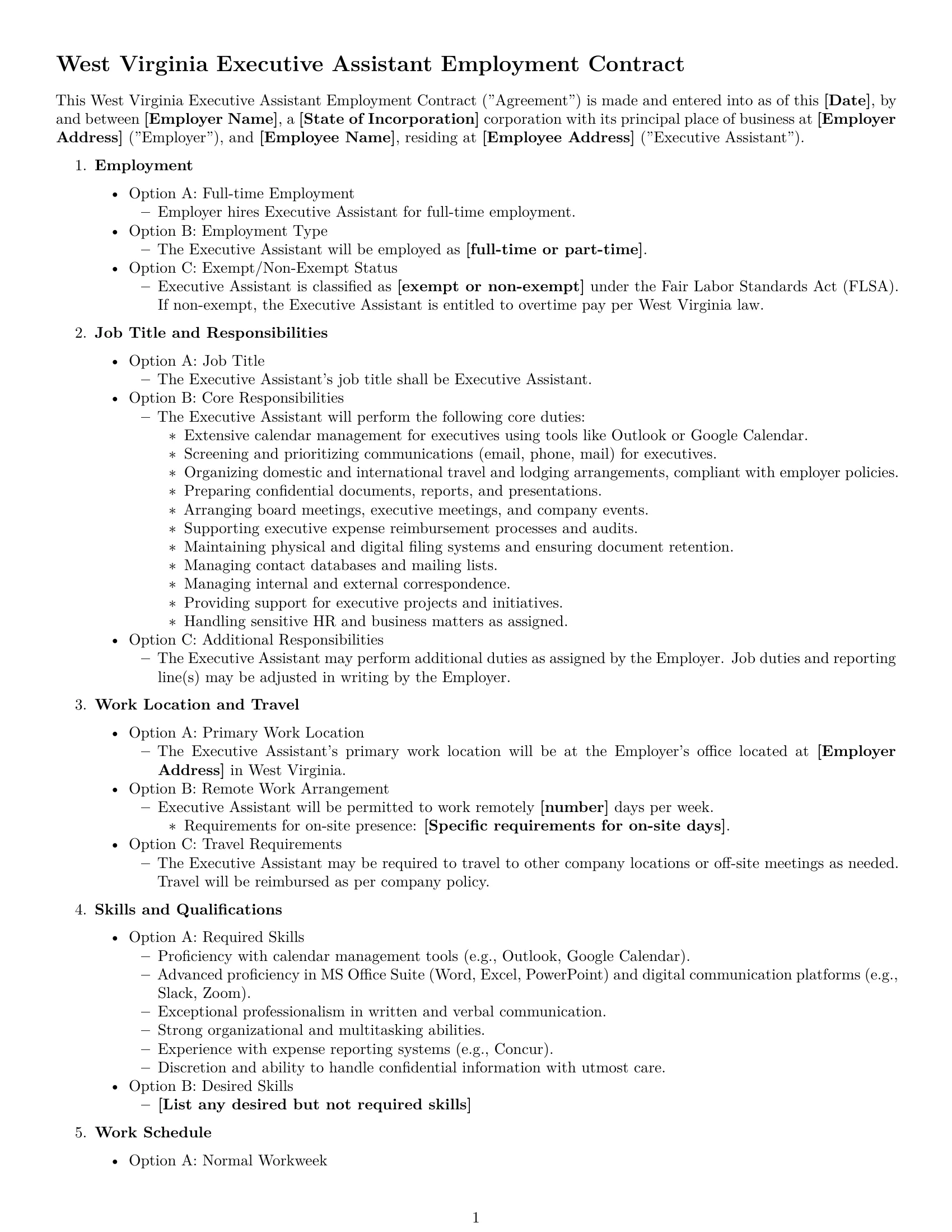 Preview page 1 of Free West Virginia executive assistant employment contract template