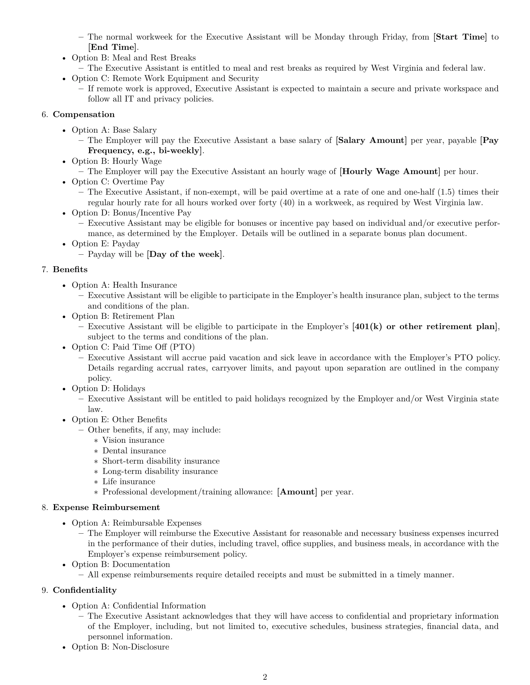 Preview page 2 of Free West Virginia executive assistant employment contract template