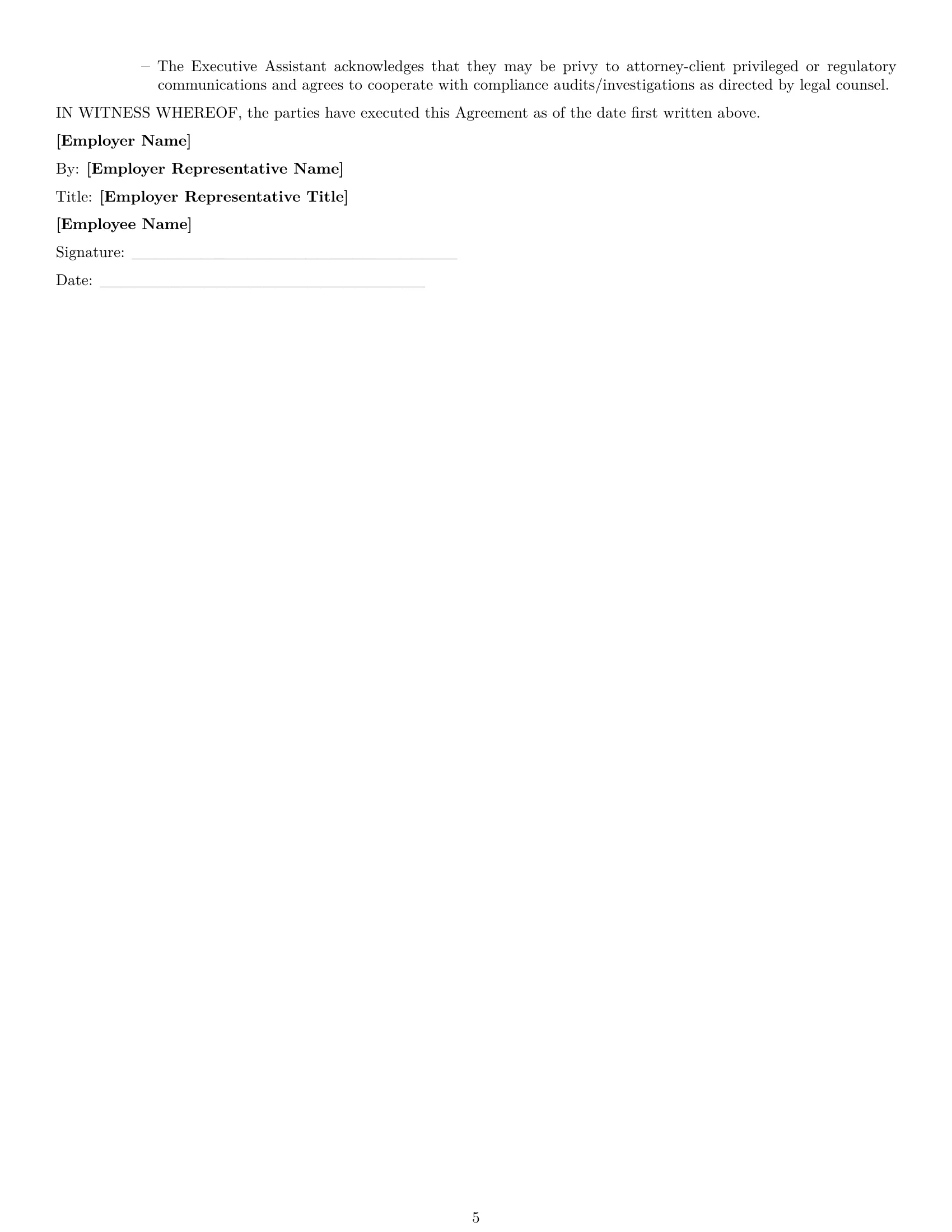 Preview page 5 of Free West Virginia executive assistant employment contract template