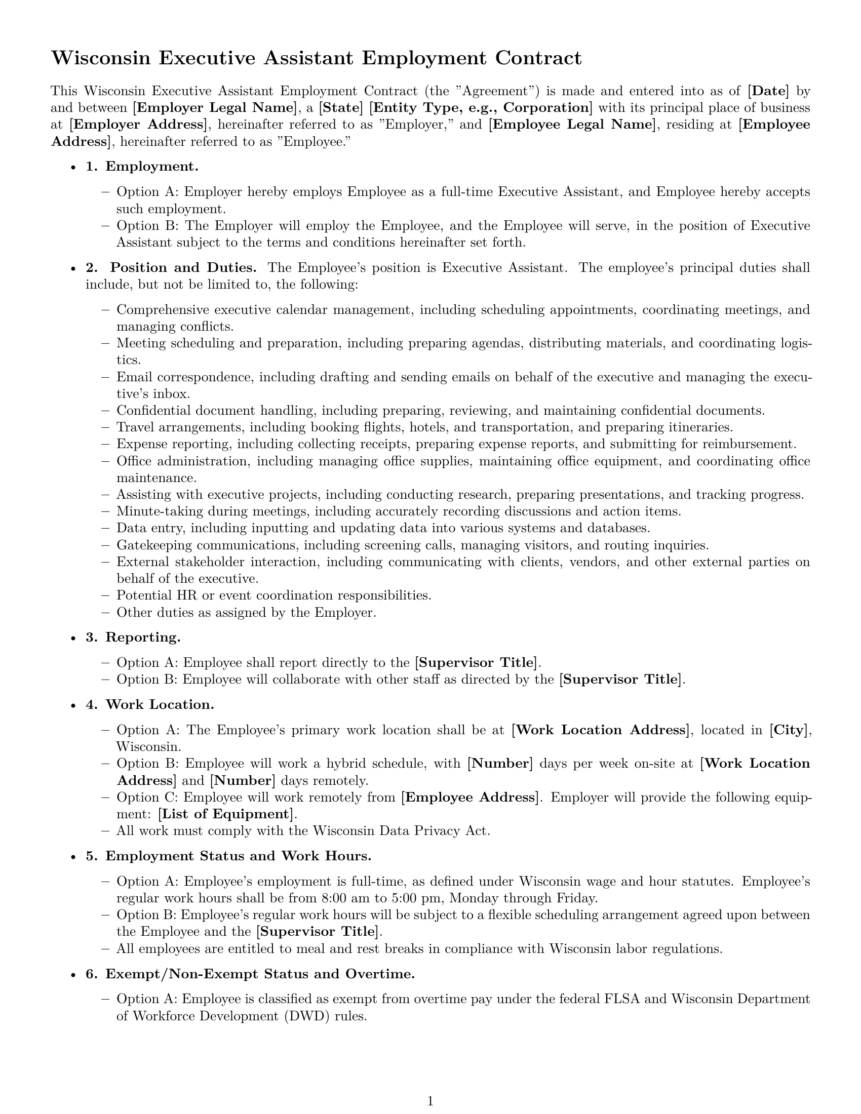 Preview page 1 of Free Wisconsin executive assistant employment contract template