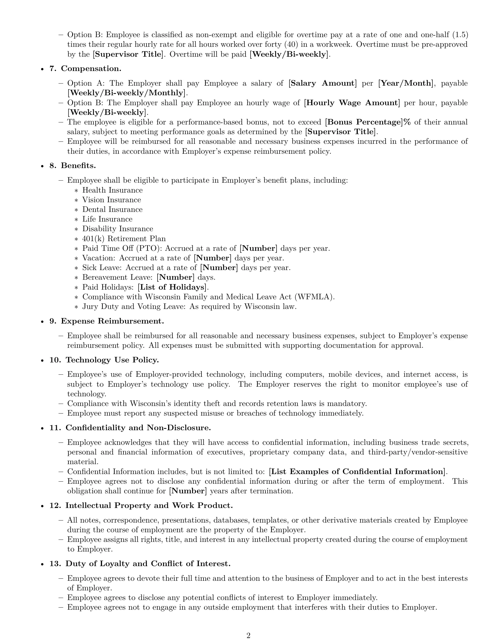 Preview page 2 of Free Wisconsin executive assistant employment contract template