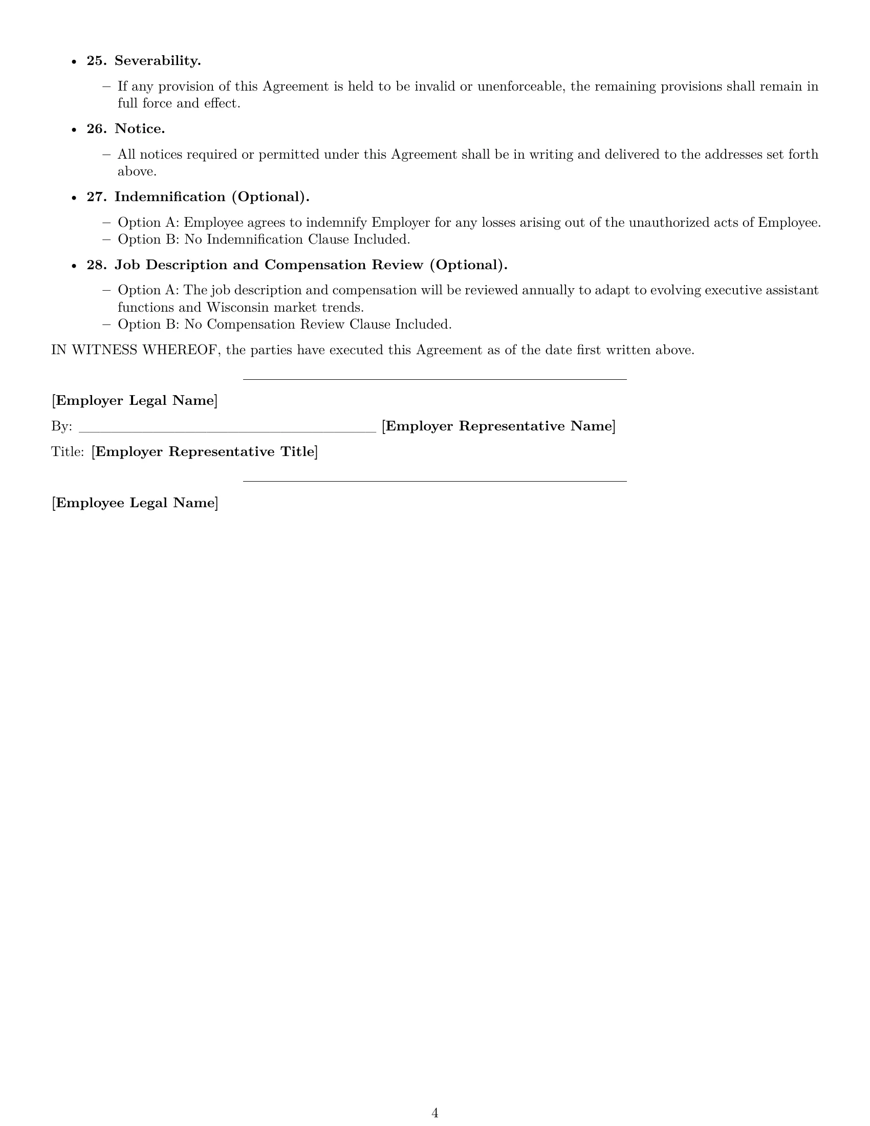Preview page 4 of Free Wisconsin executive assistant employment contract template