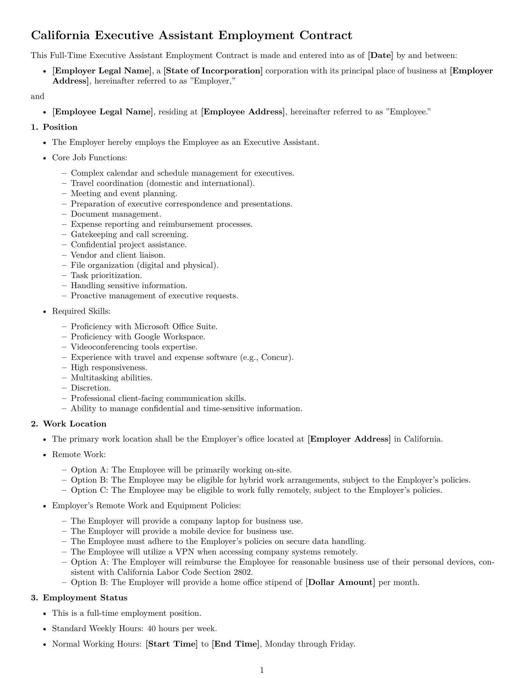 Preview page 1 of Free California executive assistant employment contract template