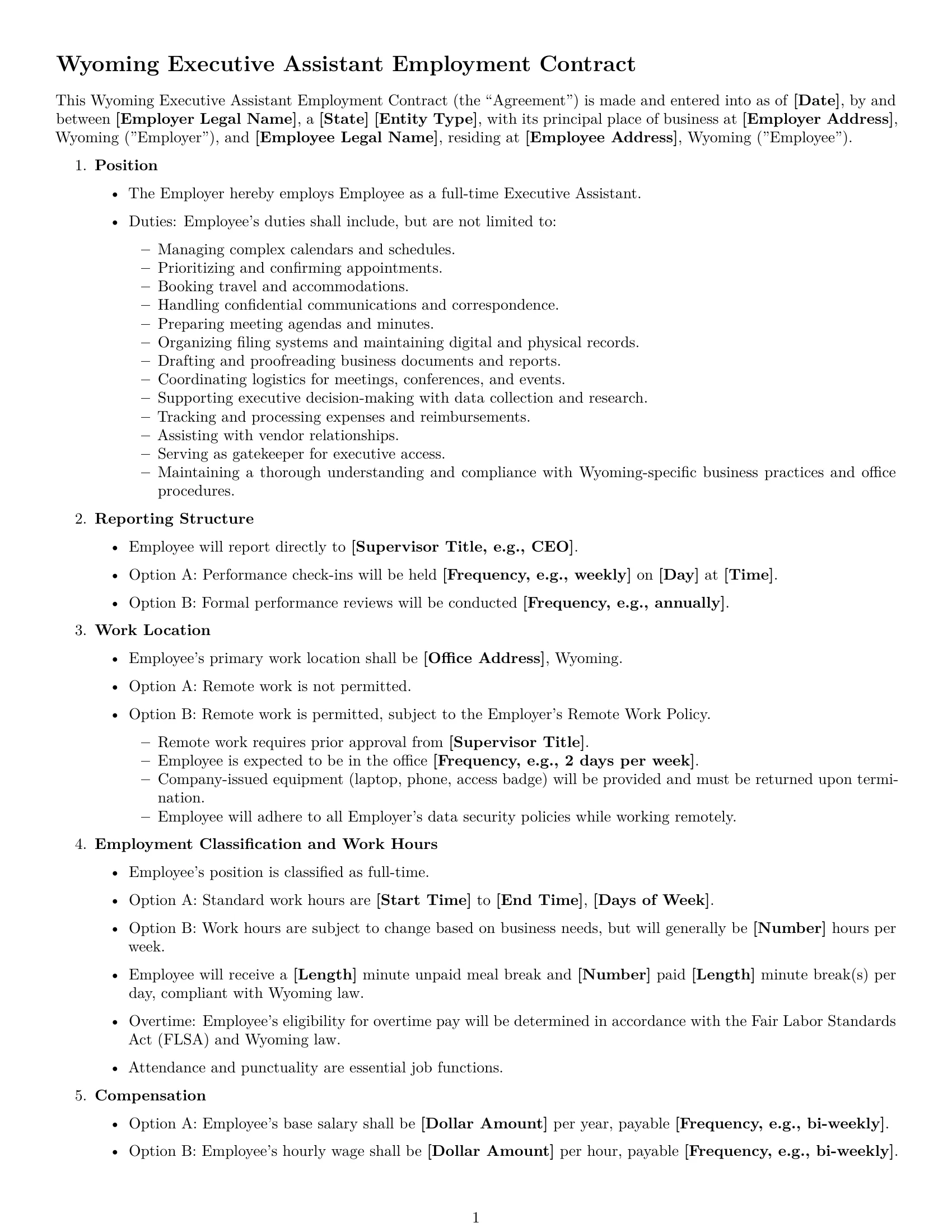 Preview page 1 of Free Wyoming executive assistant employment contract template