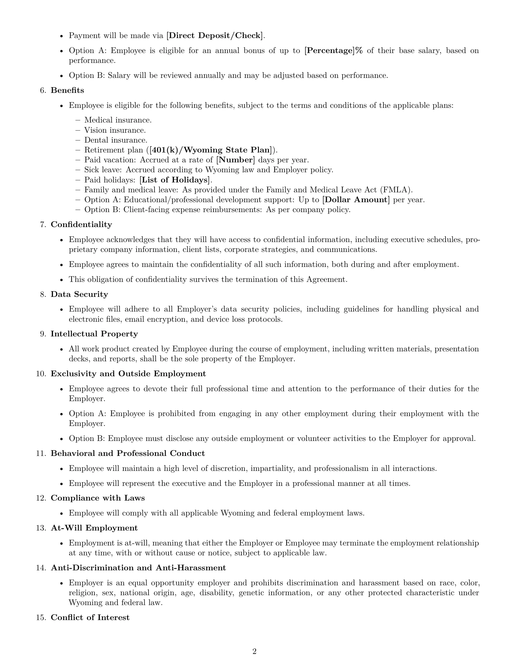 Preview page 2 of Free Wyoming executive assistant employment contract template