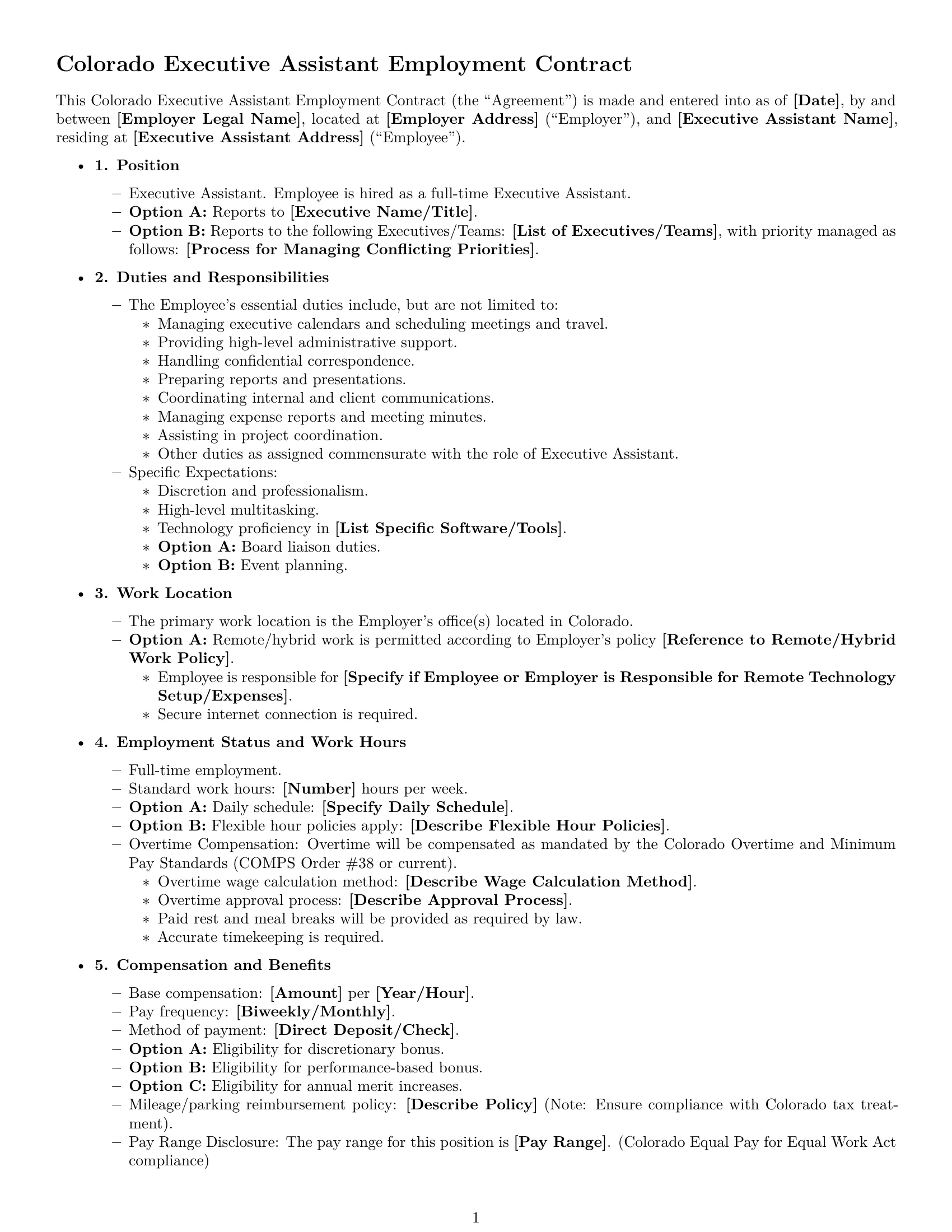 Preview page 1 of Free Colorado executive assistant employment contract template