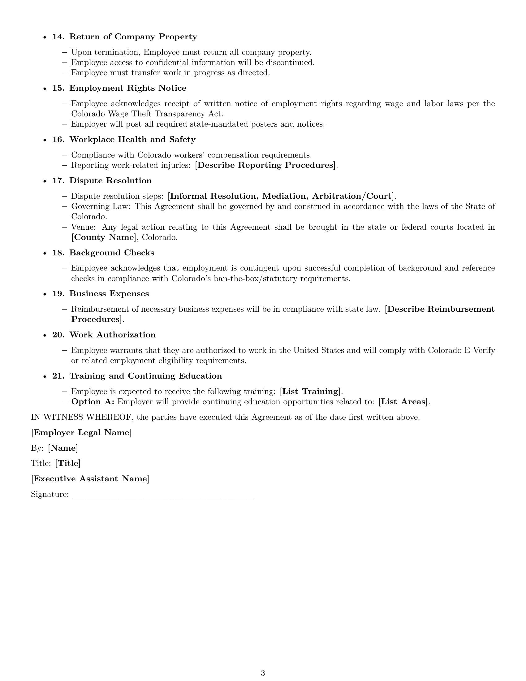 Preview page 3 of Free Colorado executive assistant employment contract template