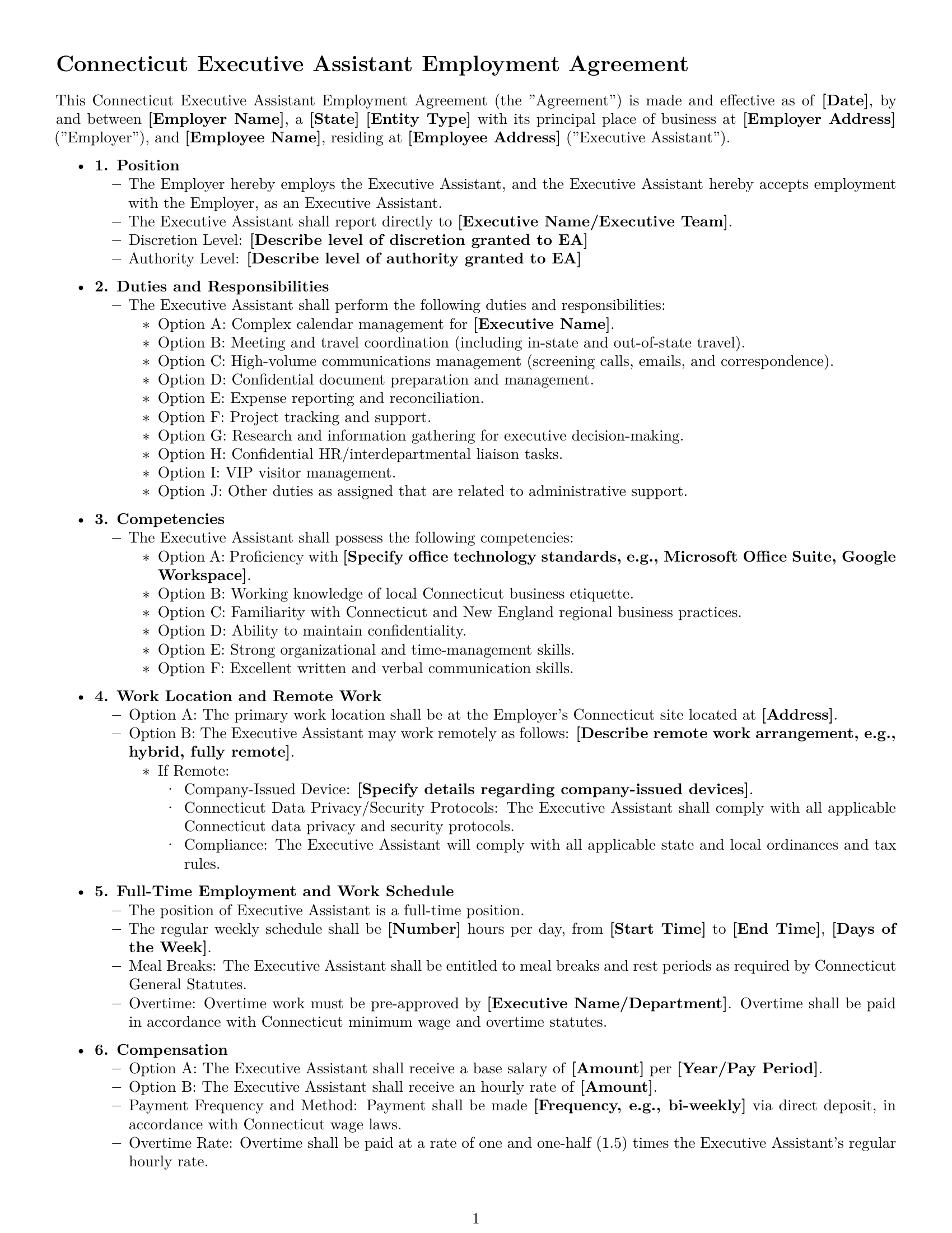 Preview page 1 of Free Connecticut executive assistant employment contract template