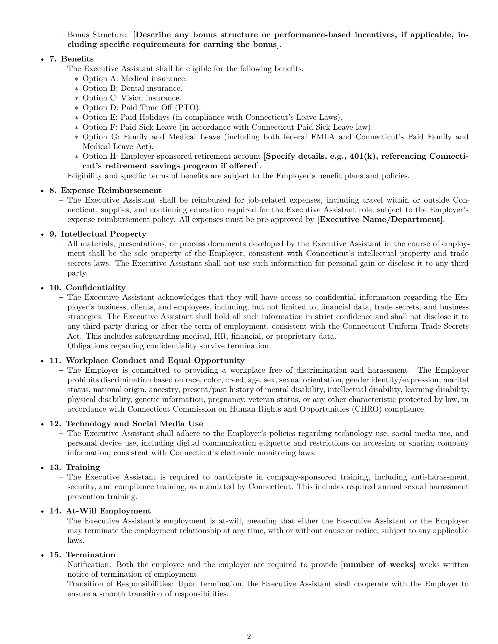 Preview page 2 of Free Connecticut executive assistant employment contract template