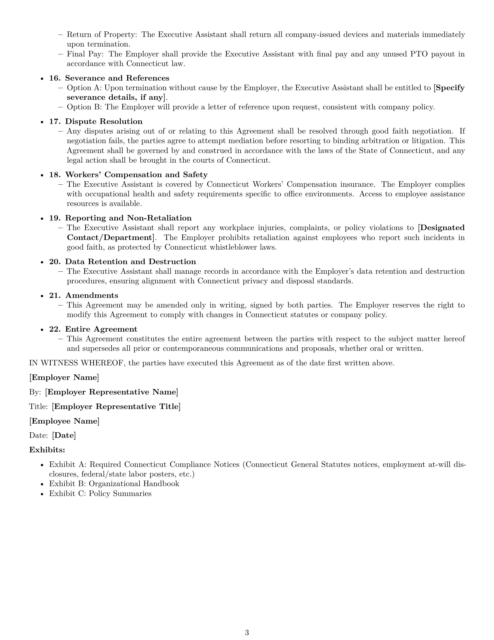 Preview page 3 of Free Connecticut executive assistant employment contract template