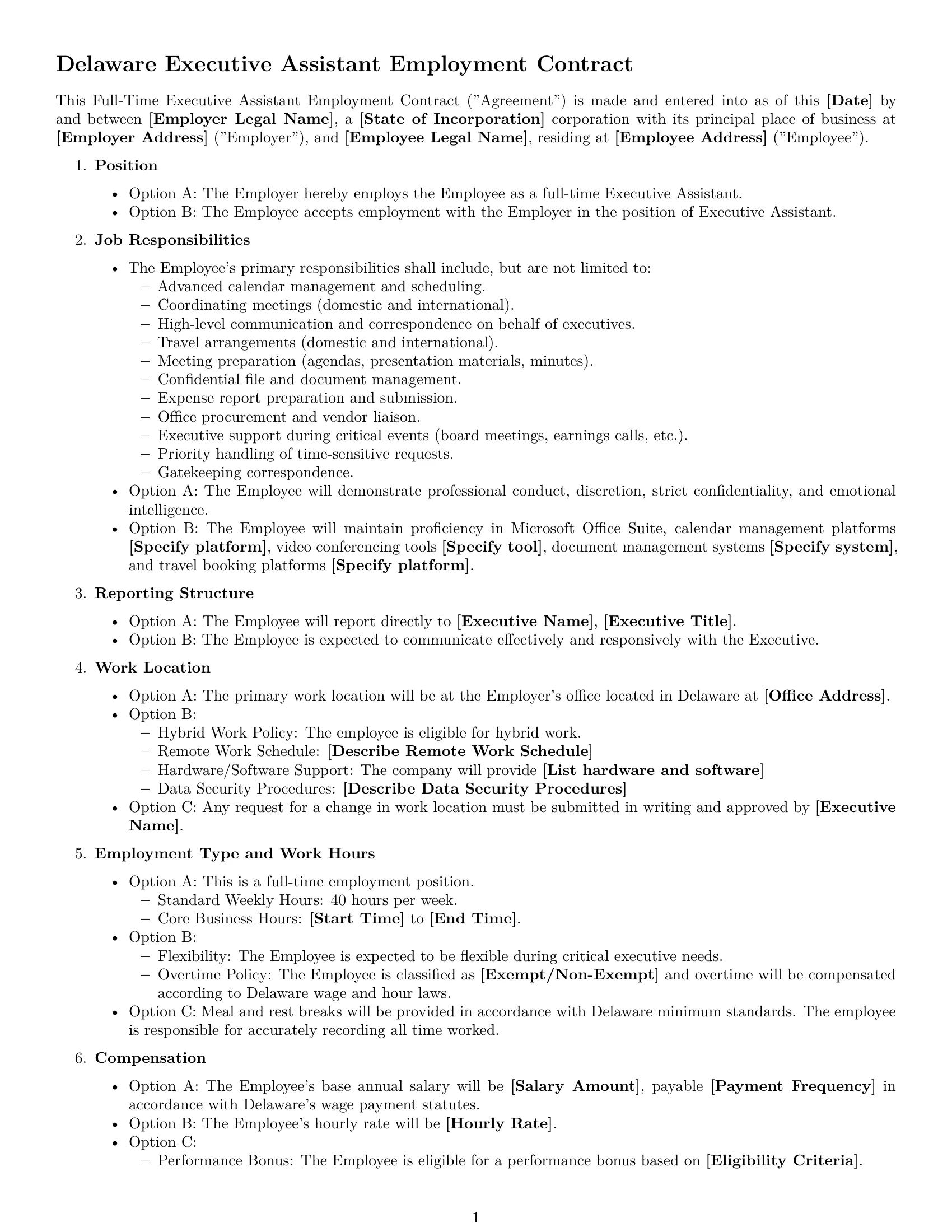 Preview page 1 of Free Delaware executive assistant employment contract template