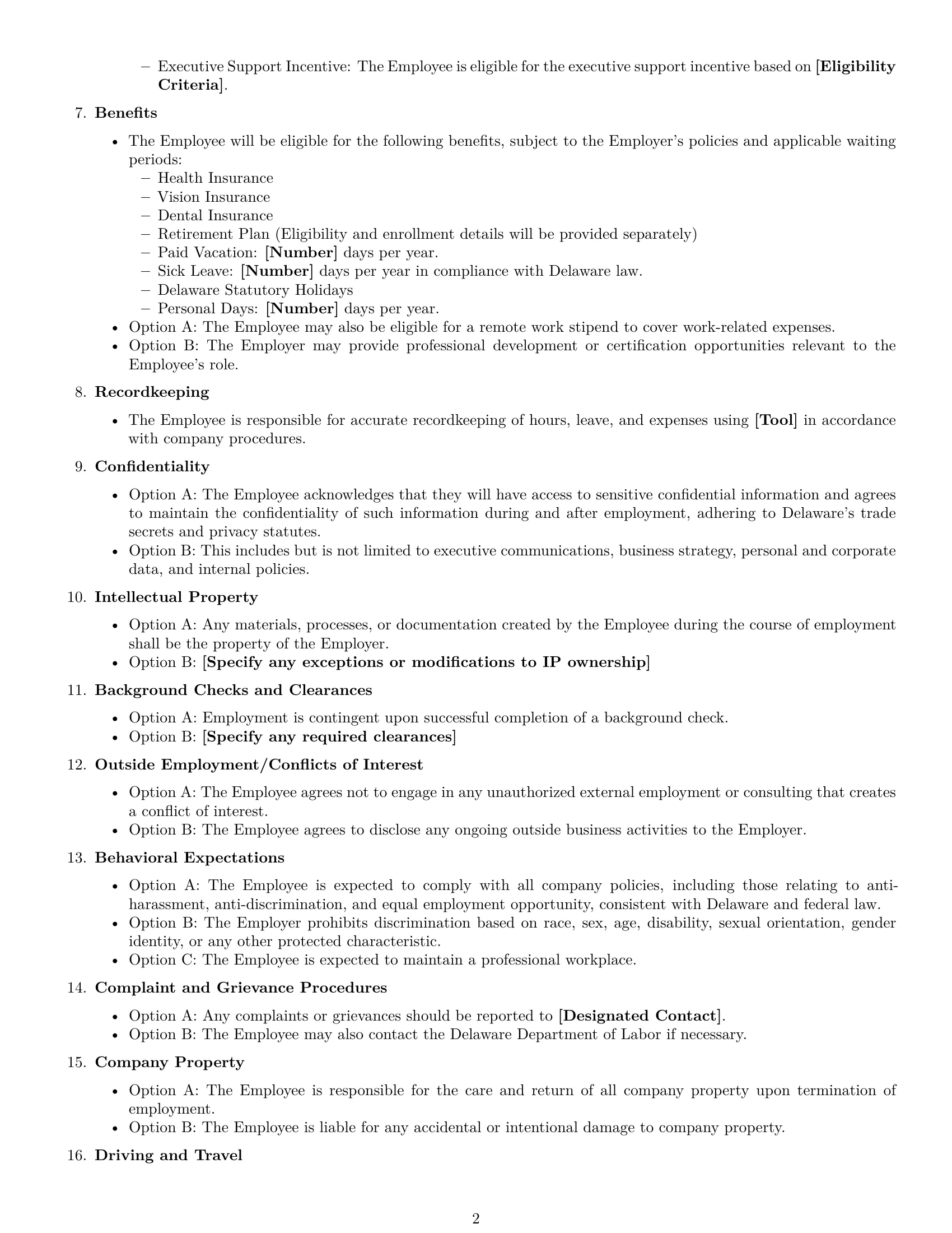 Preview page 2 of Free Delaware executive assistant employment contract template