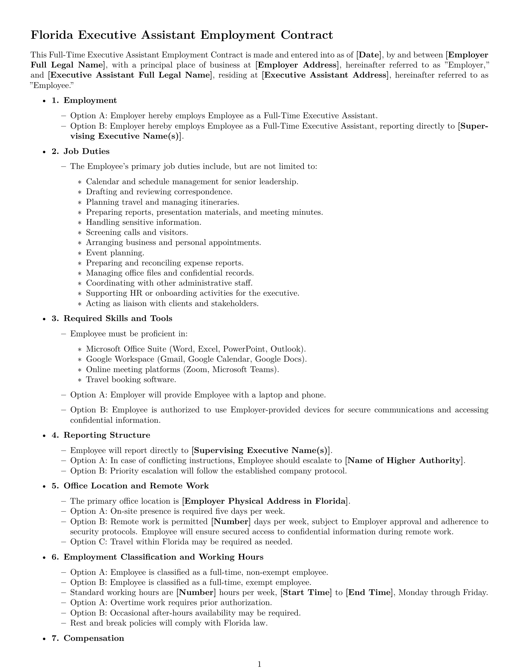 Preview page 1 of Free Florida executive assistant employment contract template