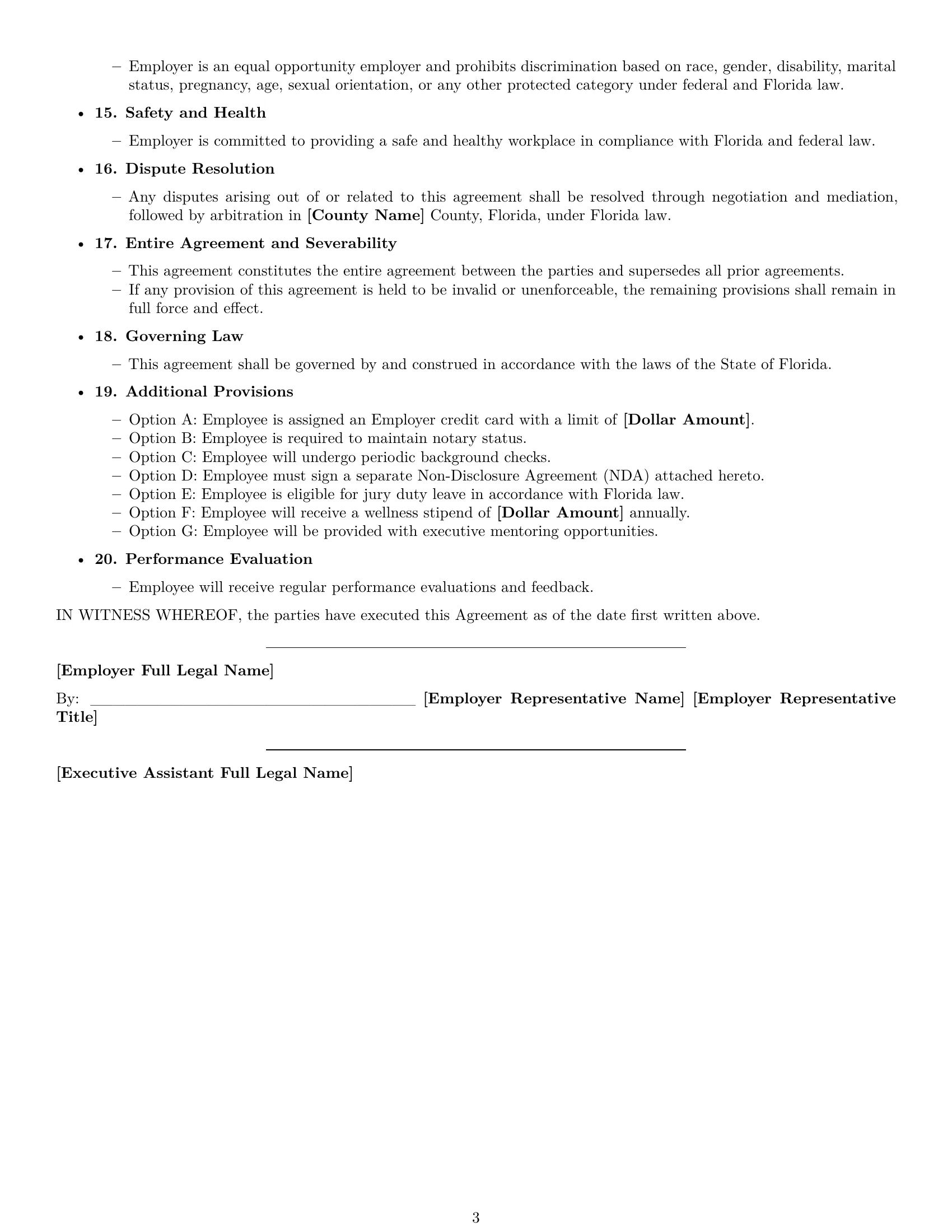 Preview page 3 of Free Florida executive assistant employment contract template