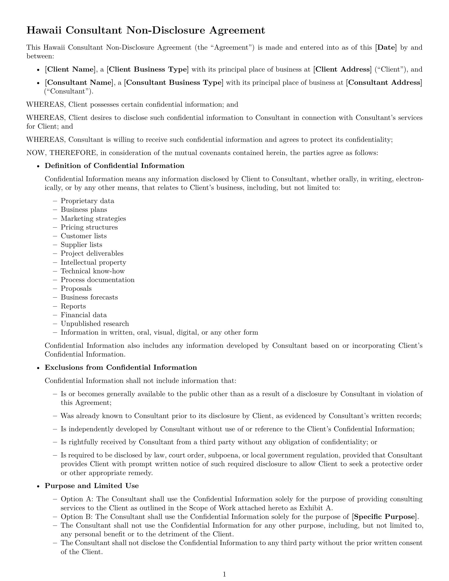 Preview page 1 of Free Hawaii consultant nda template