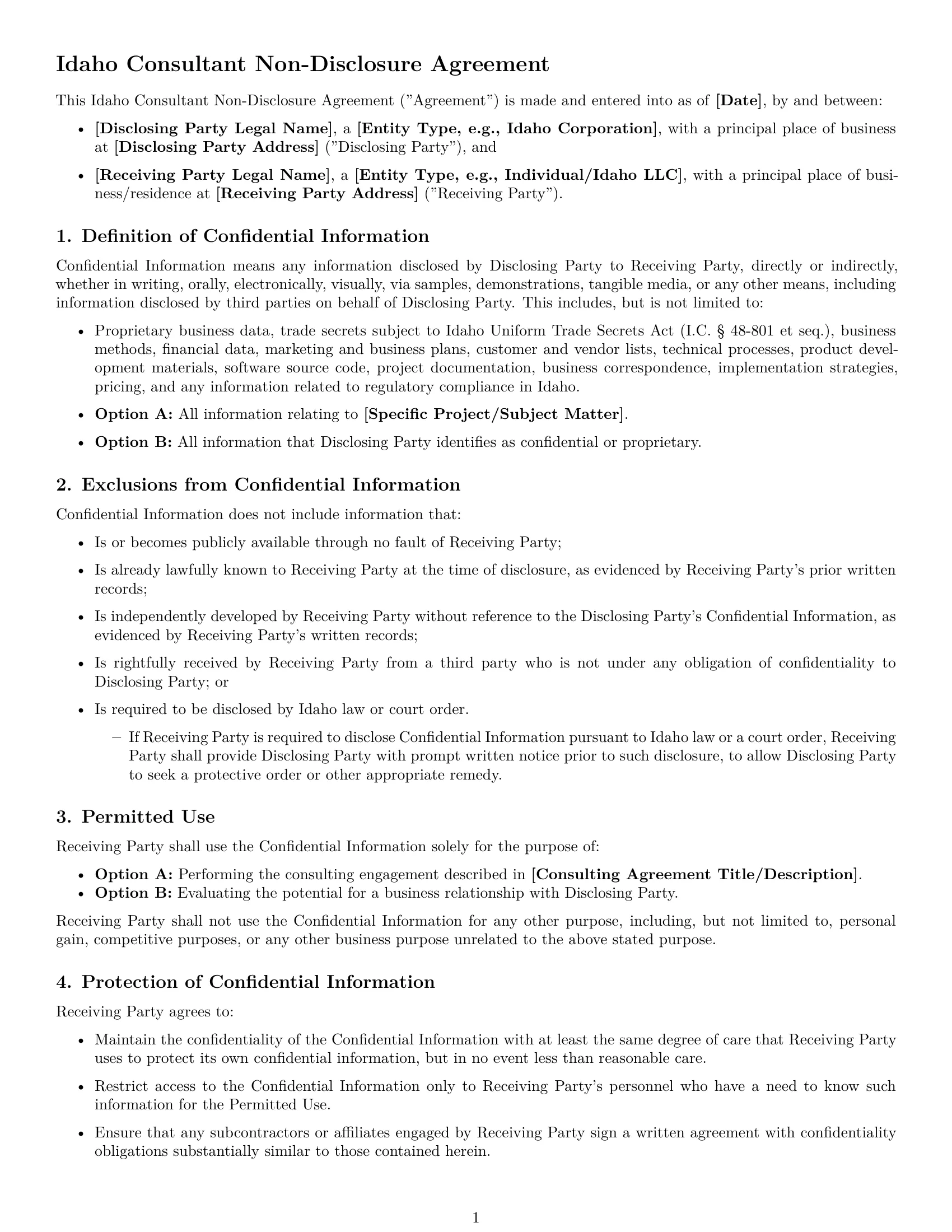 Preview page 1 of Free Idaho consultant nda template