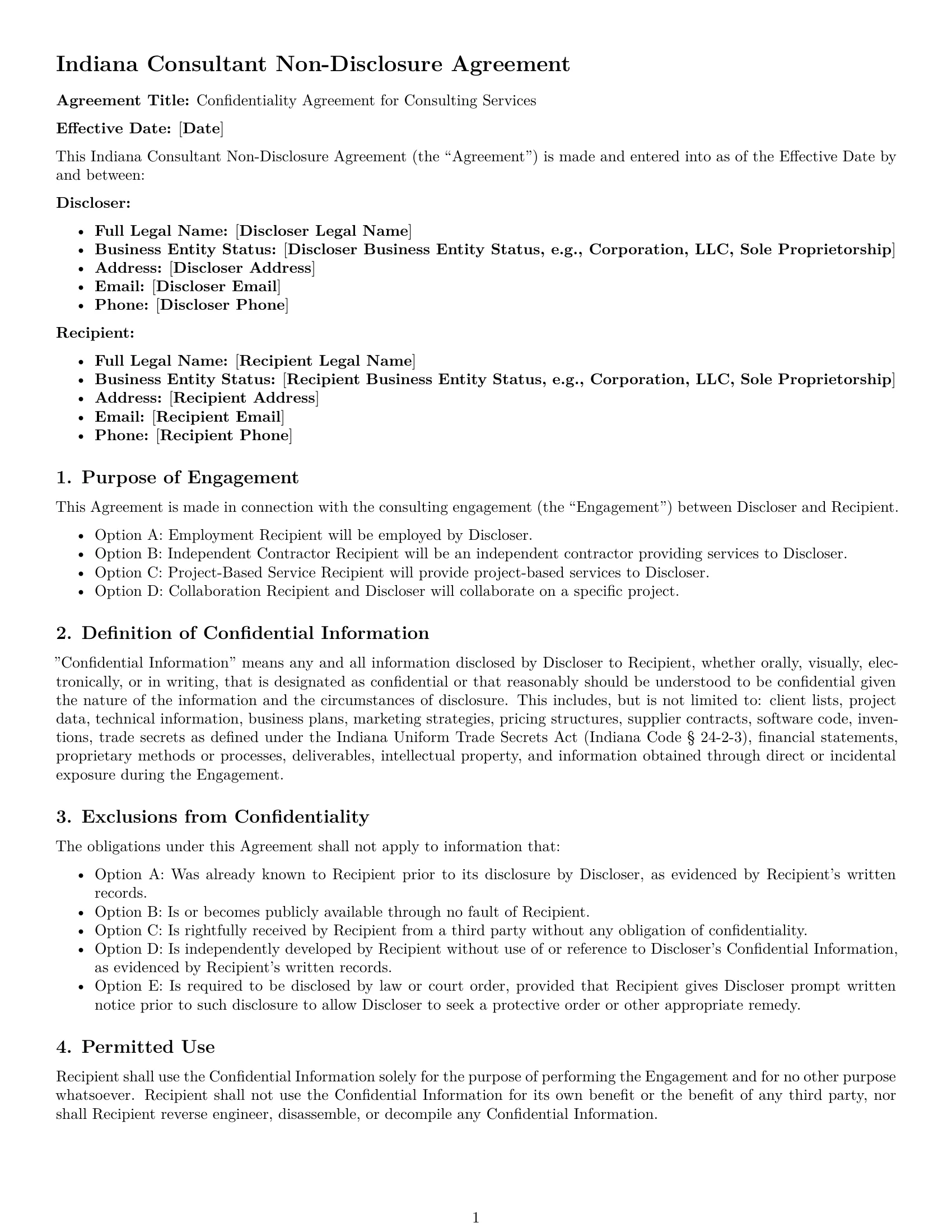 Preview page 1 of Free Indiana consultant nda template