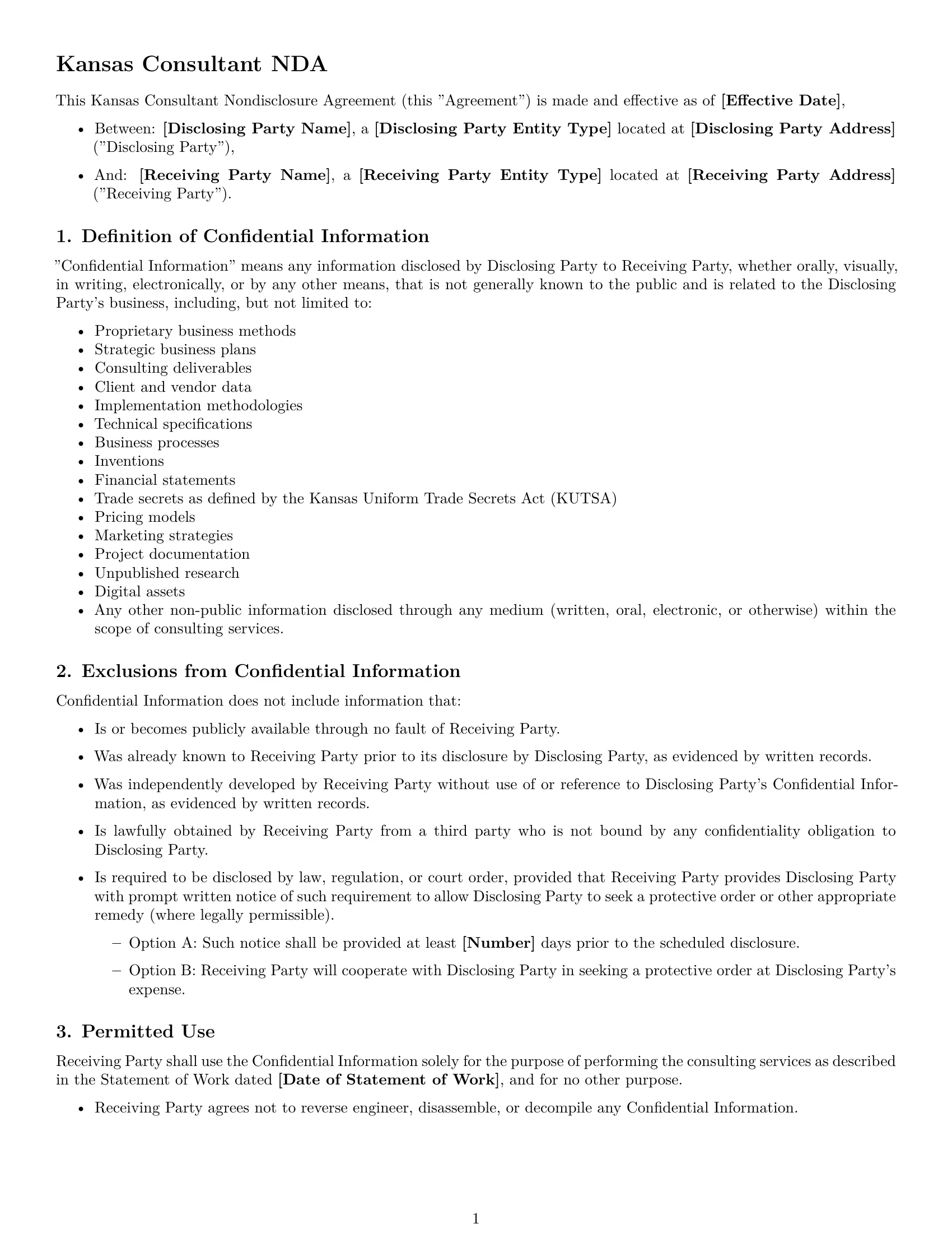 Preview page 1 of Free Kansas consultant nda template