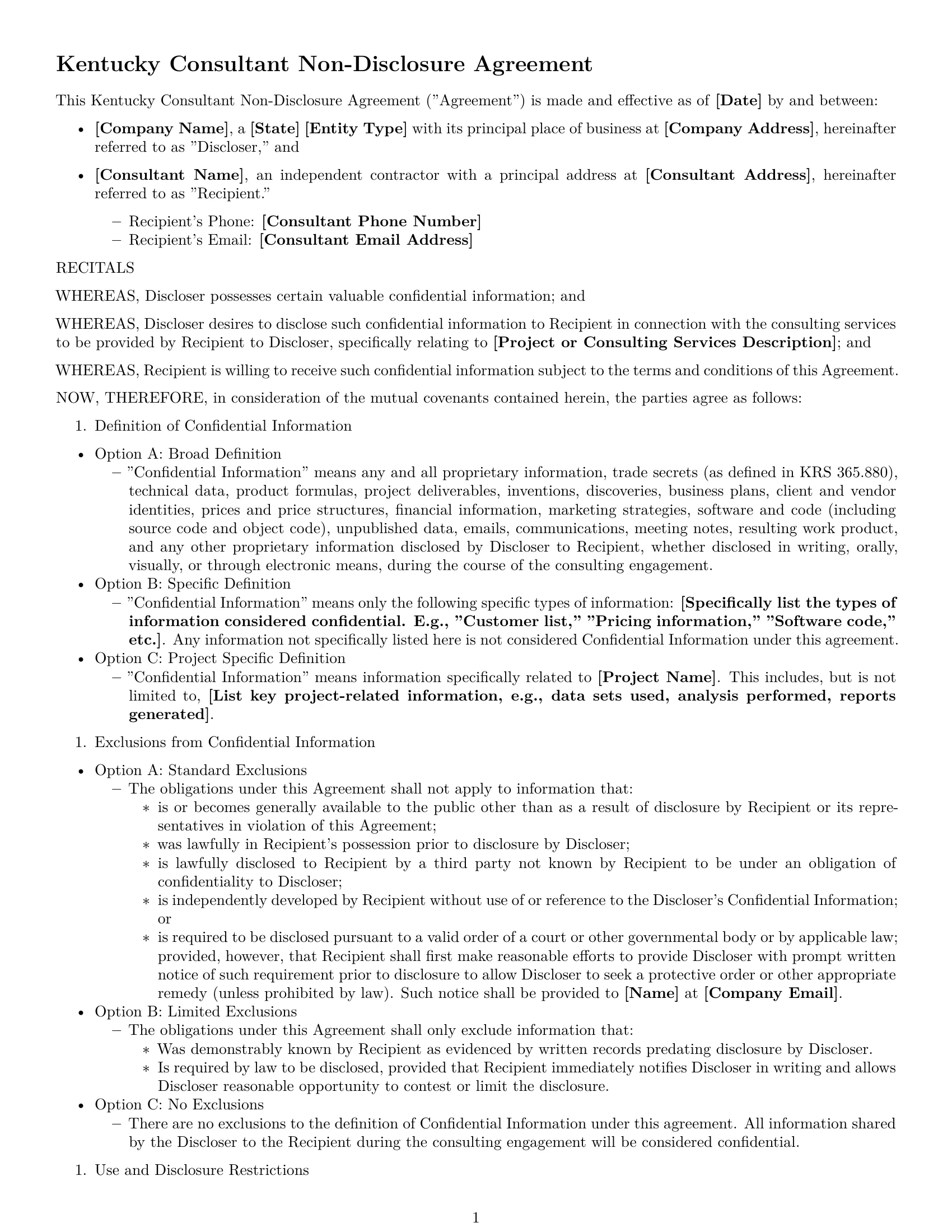 Preview page 1 of Free Kentucky consultant nda template