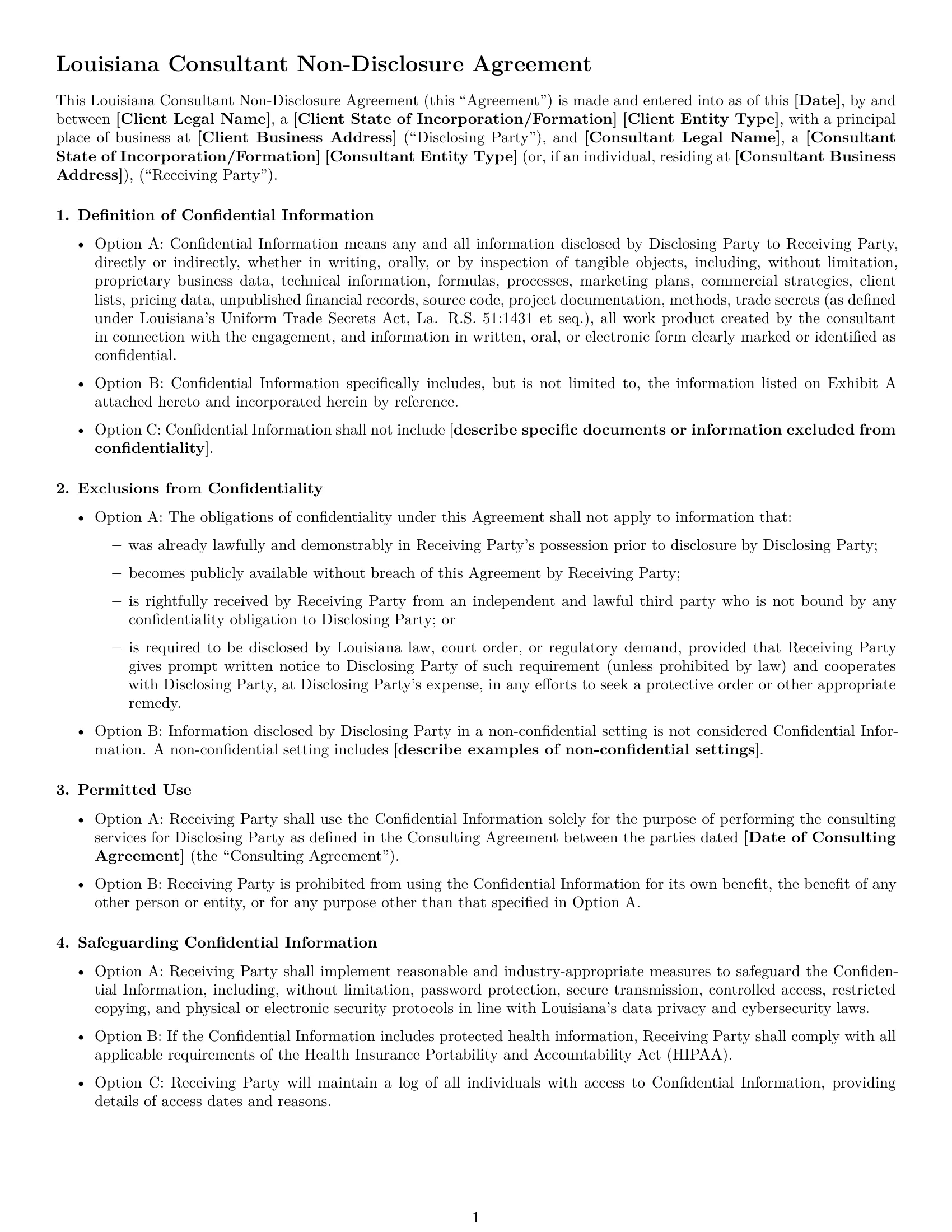 Preview page 1 of Free Louisiana consultant nda template