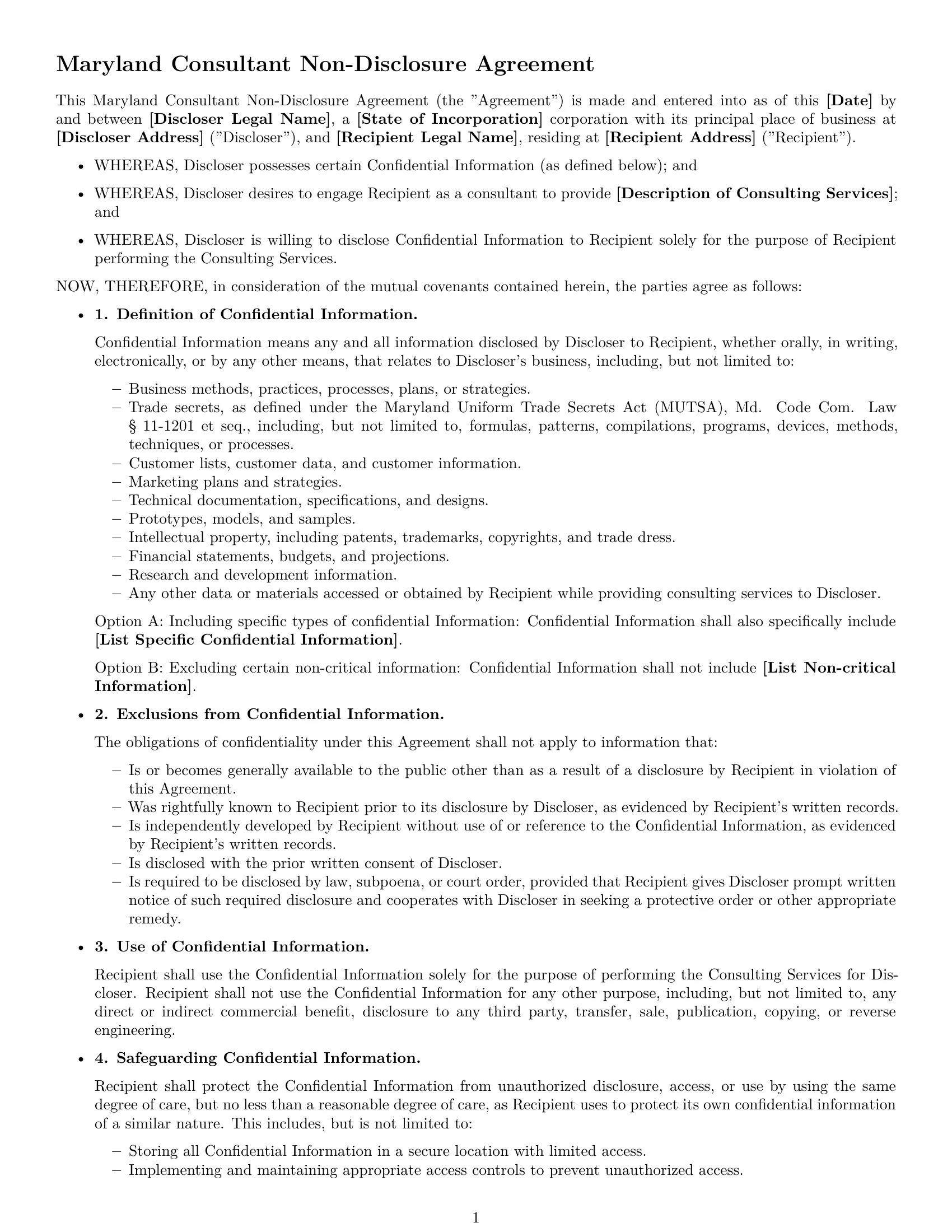 Preview page 1 of Free Maryland consultant nda template