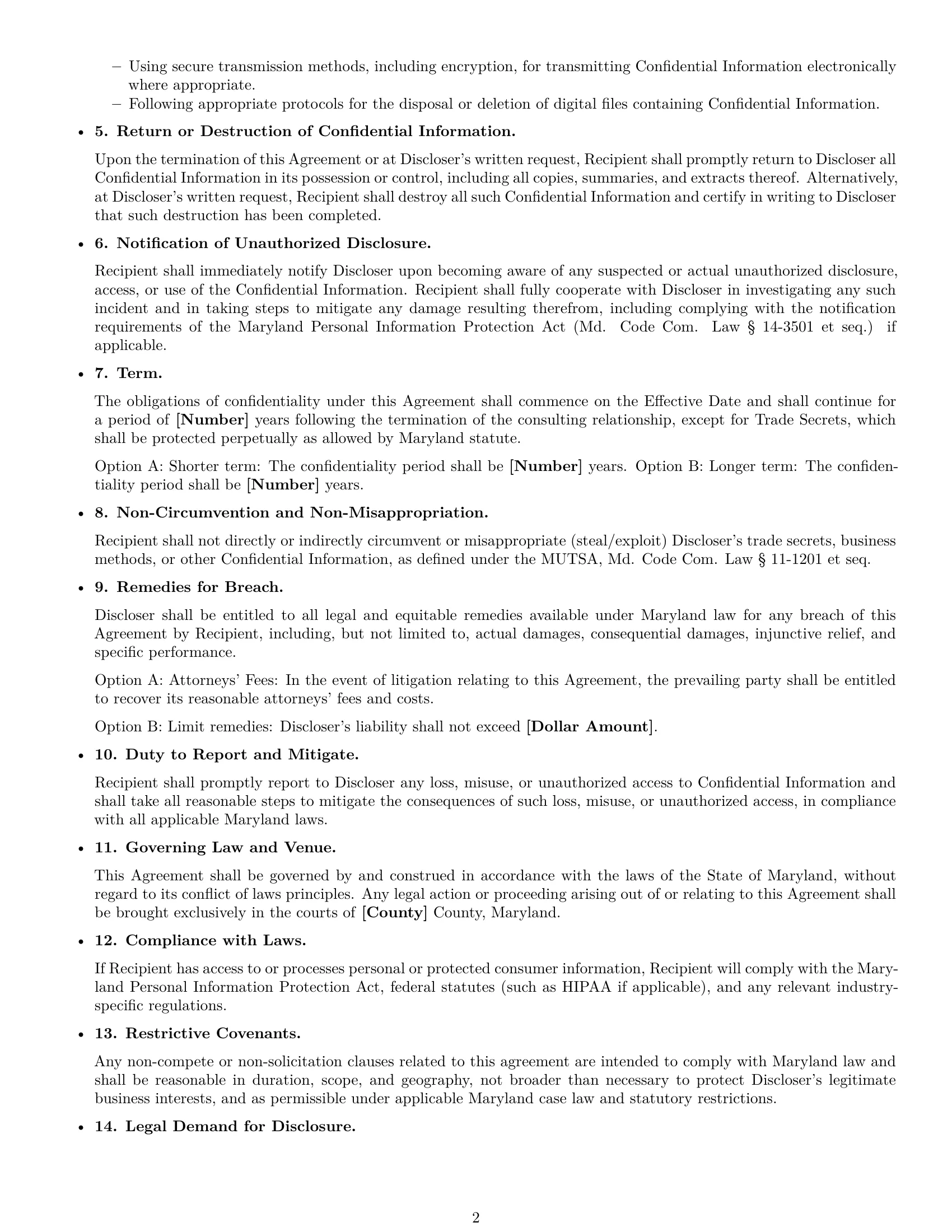 Preview page 2 of Free Maryland consultant nda template
