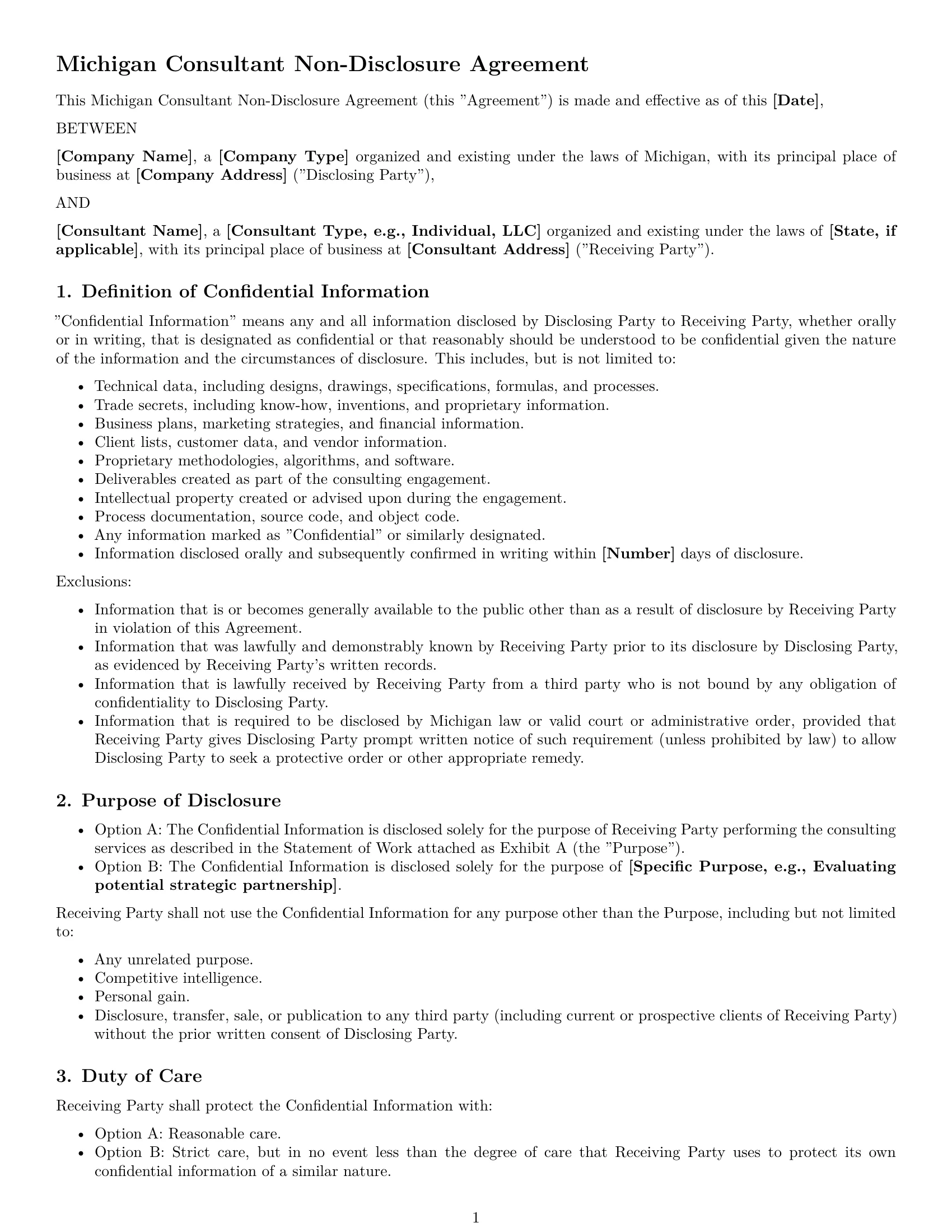 Preview page 1 of Free Michigan consultant nda template