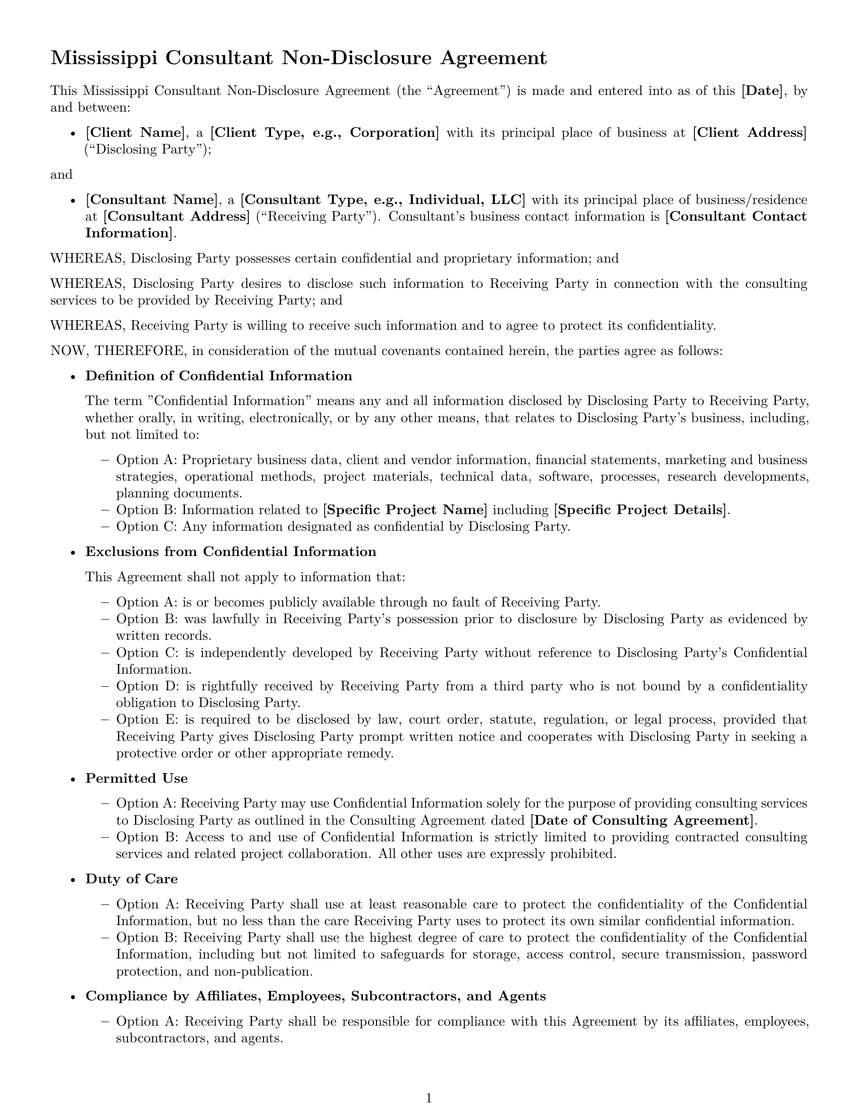 Preview page 1 of Free Mississippi consultant nda template