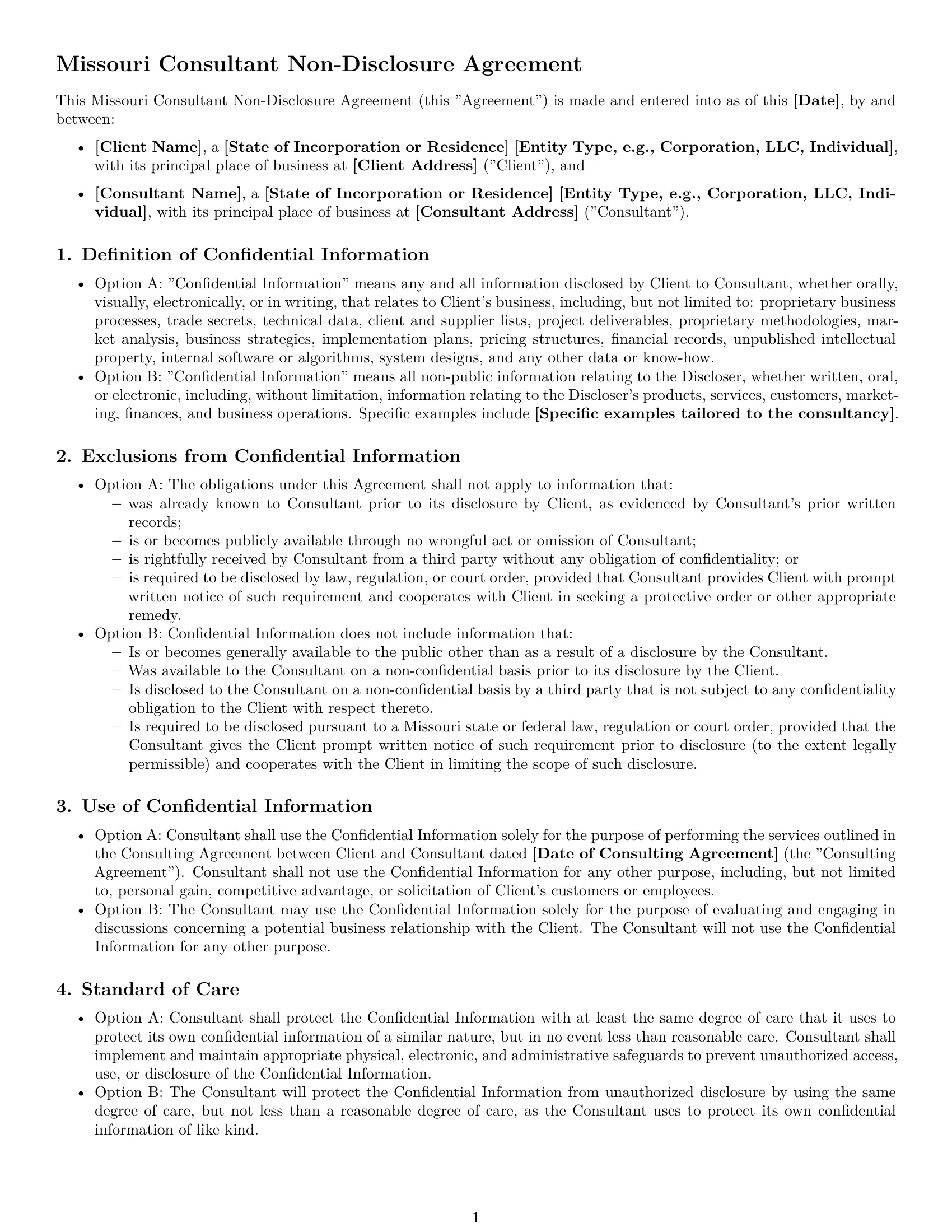 Preview page 1 of Free Missouri consultant nda template