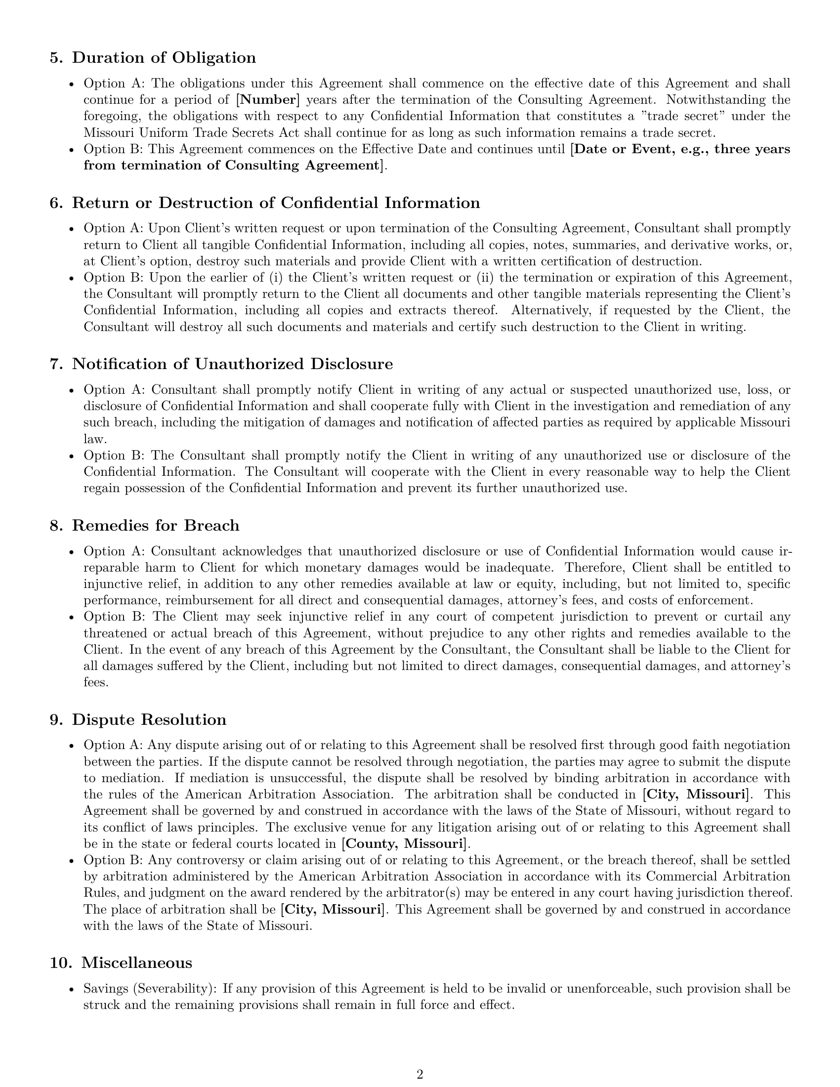 Preview page 2 of Free Missouri consultant nda template
