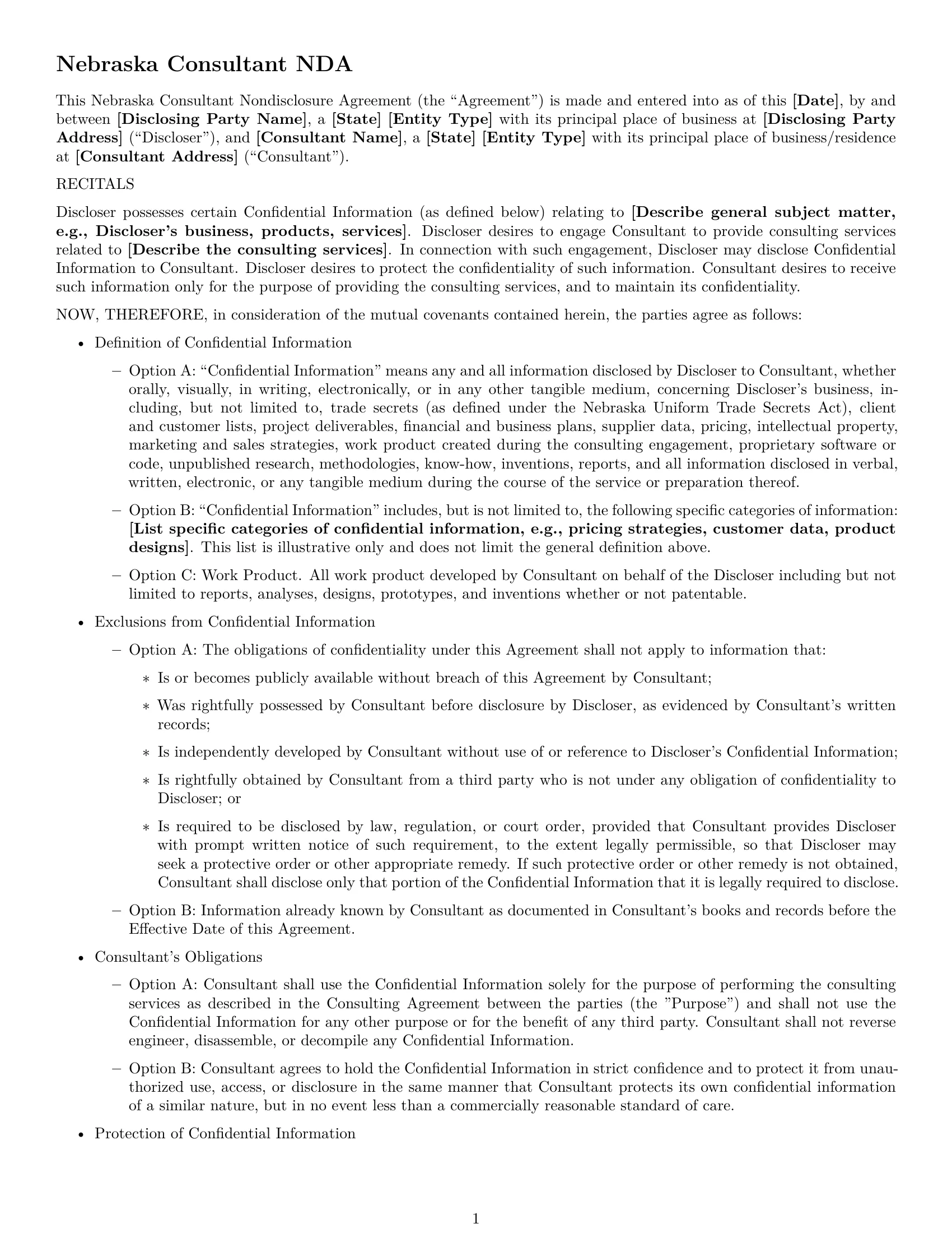 Preview page 1 of Free Nebraska consultant nda template