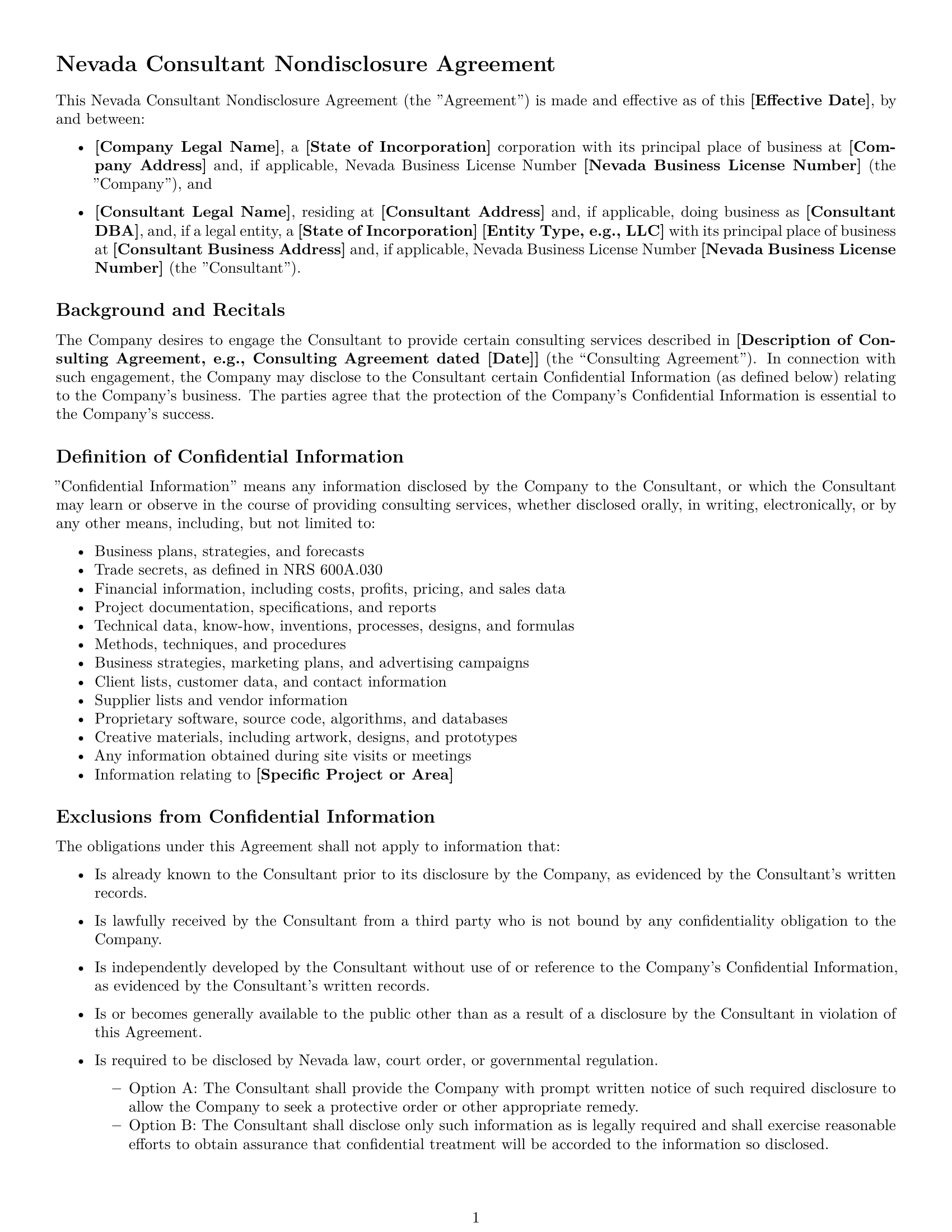 Preview page 1 of Free Nevada consultant nda template