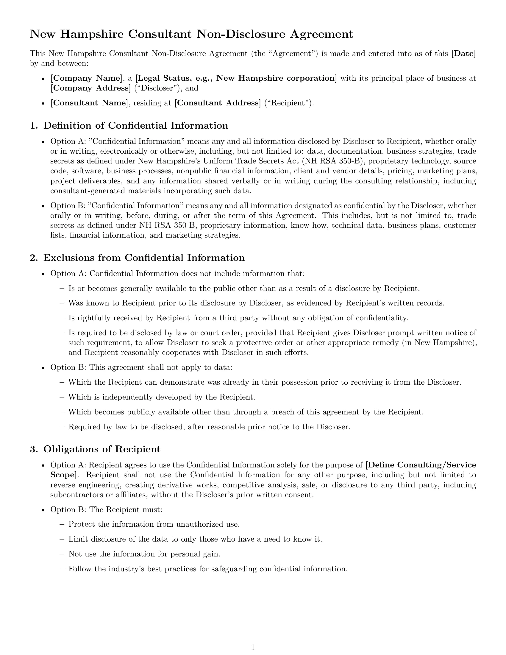 Preview page 1 of Free New Hampshire consultant nda template
