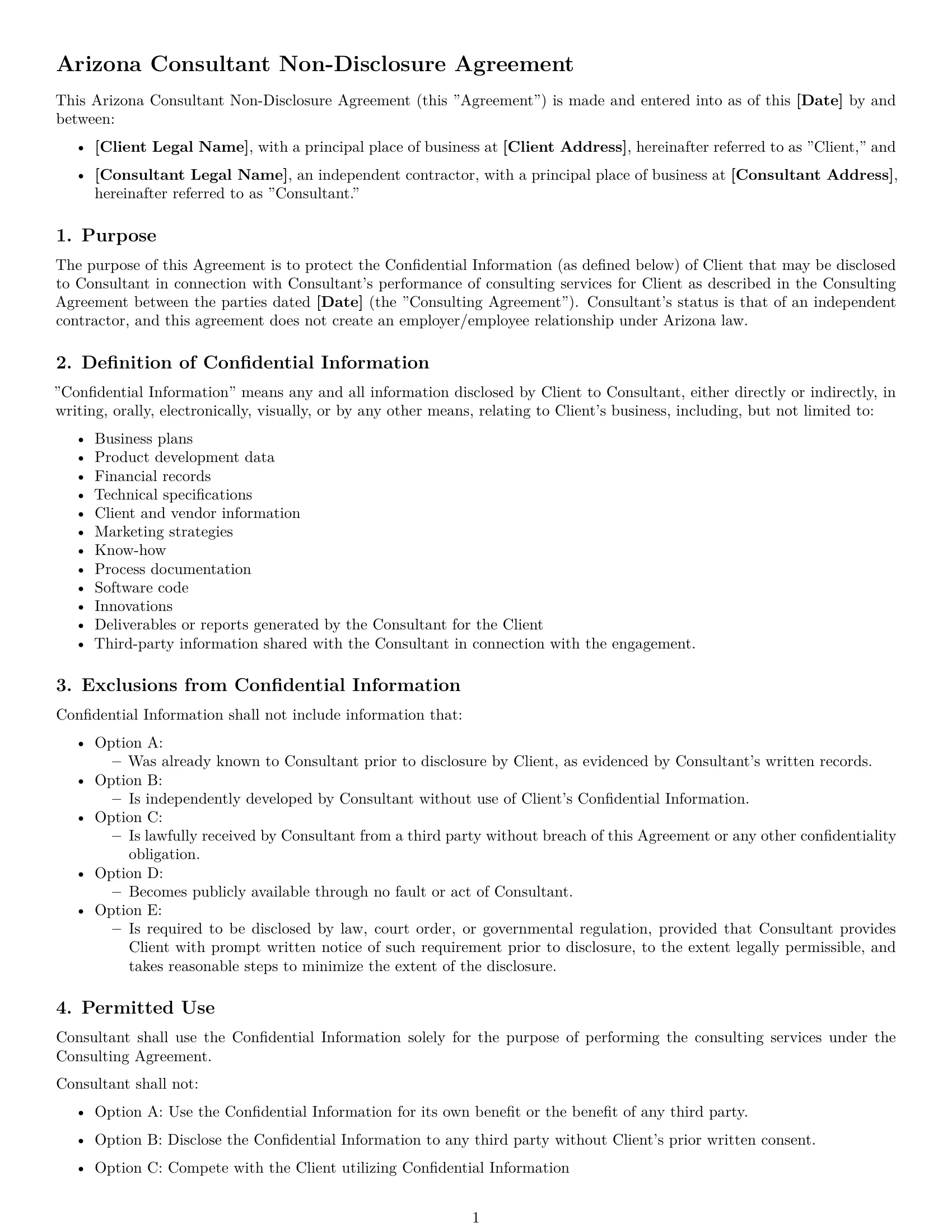 Preview page 1 of Free Arizona consultant nda template