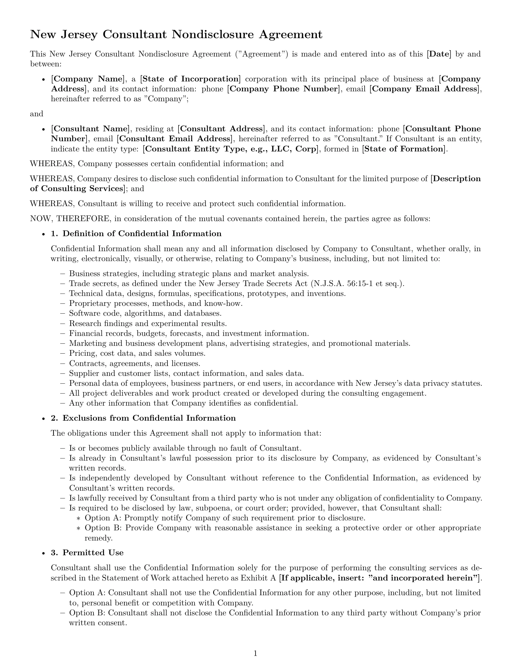 Preview page 1 of Free New Jersey consultant nda template