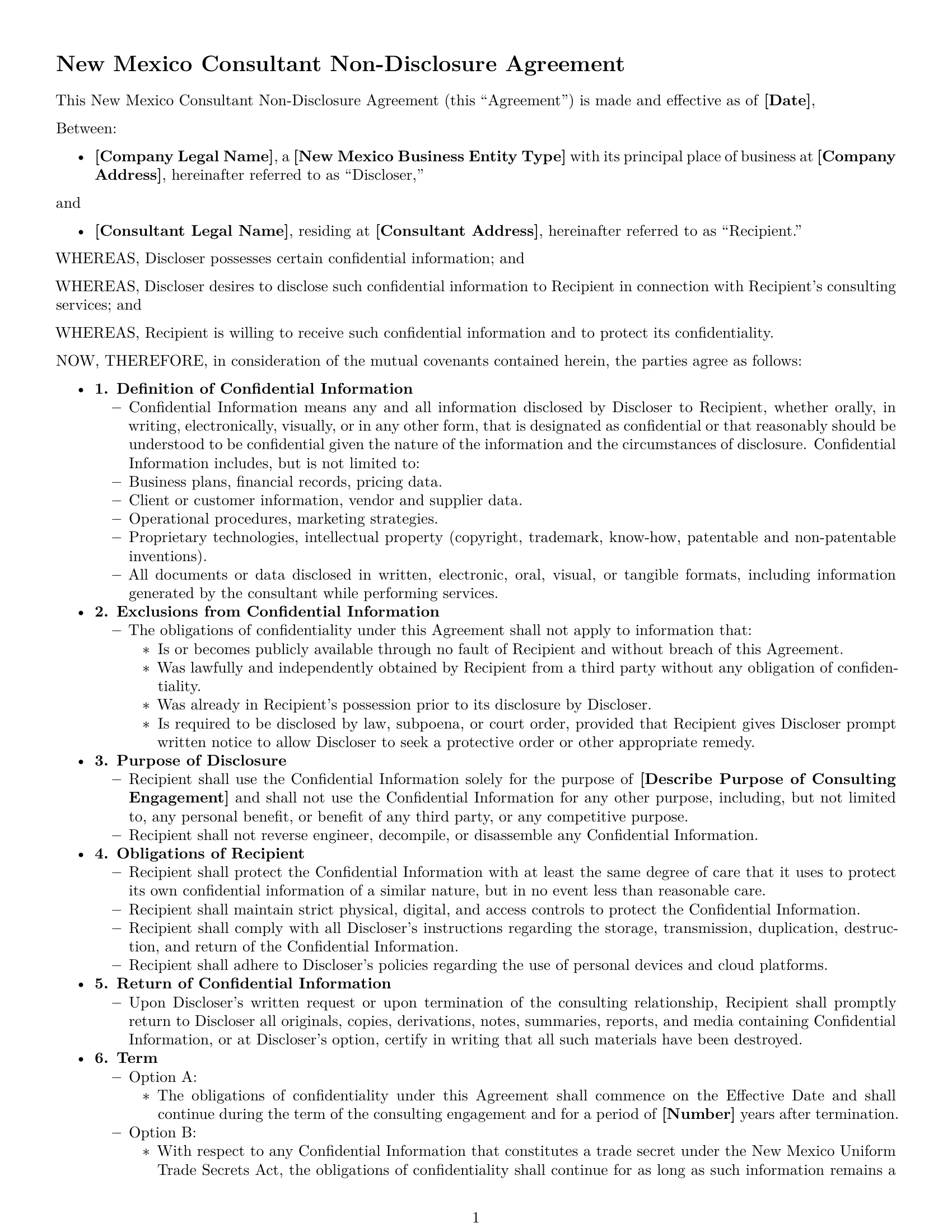 Preview page 1 of Free New Mexico consultant nda template