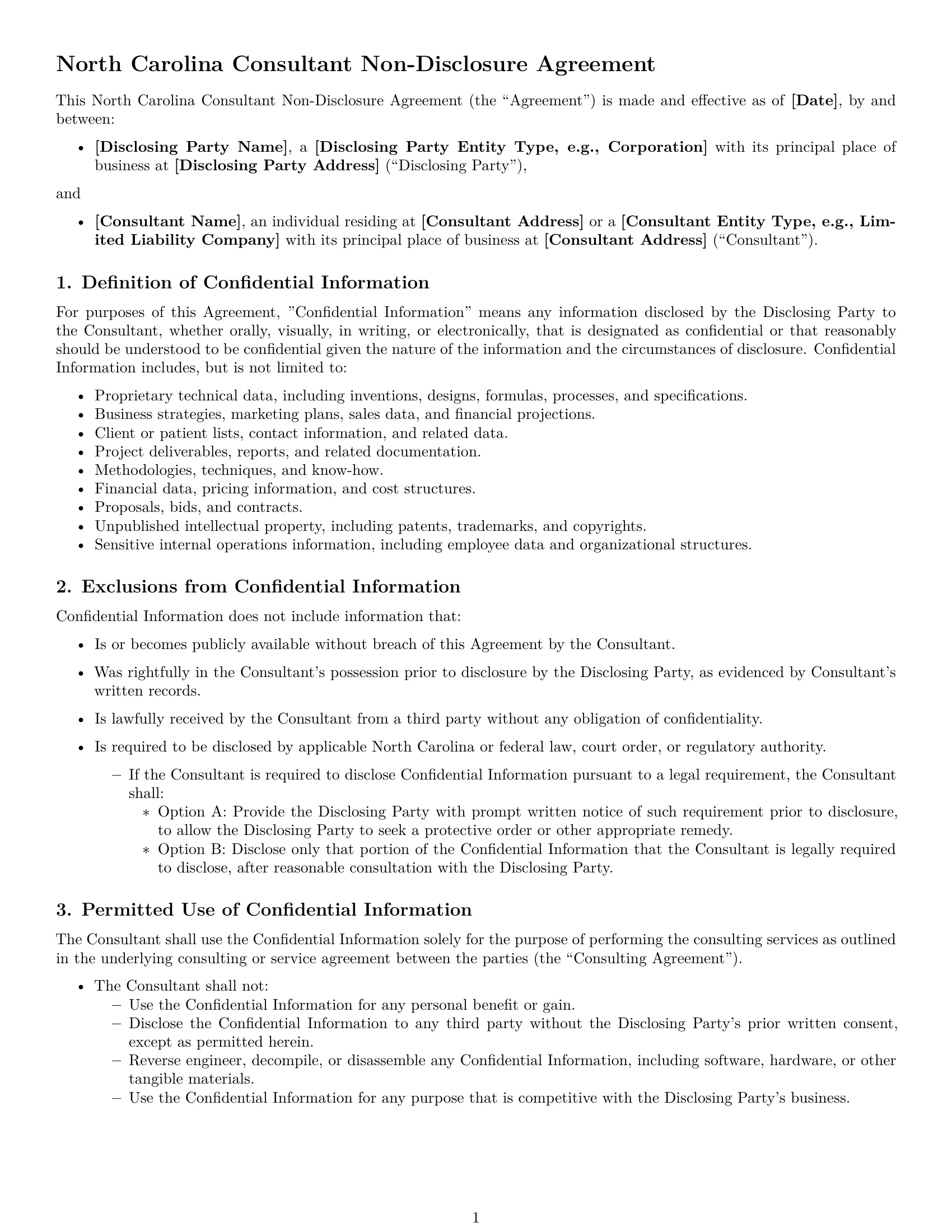 Preview page 1 of Free North Carolina consultant nda template