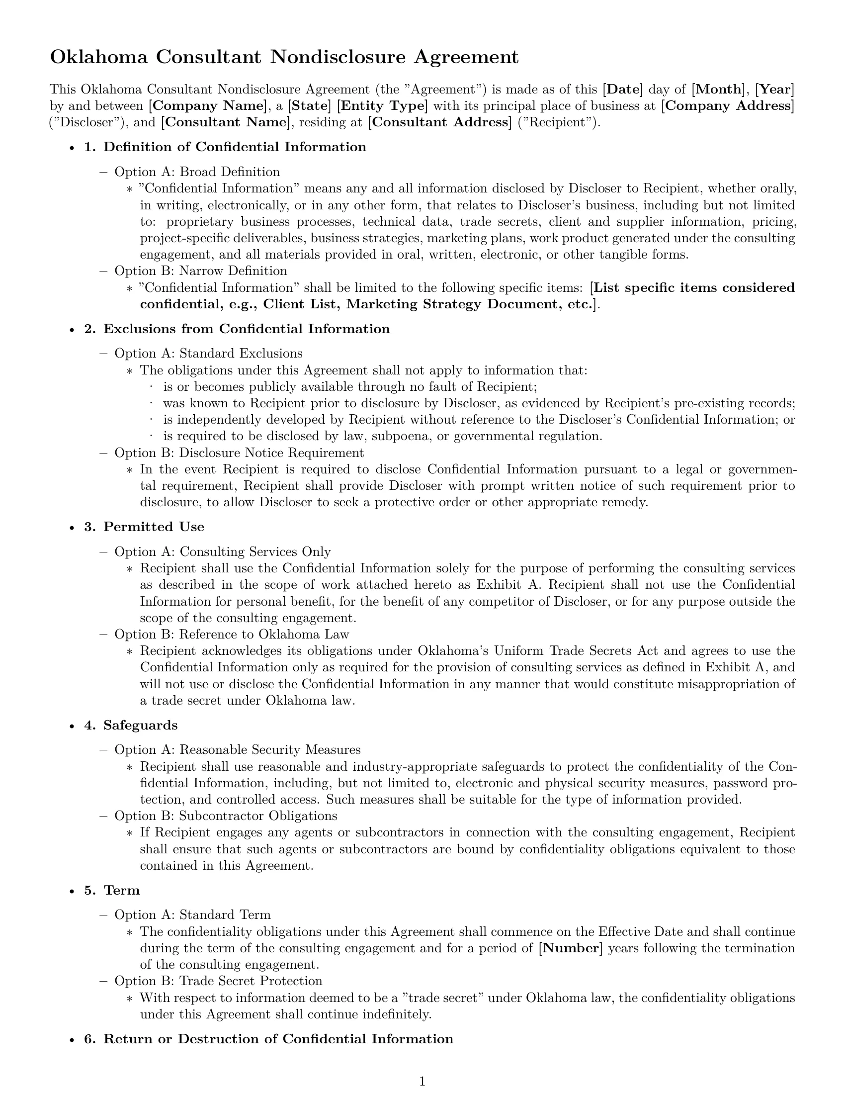 Preview page 1 of Free Oklahoma consultant nda template