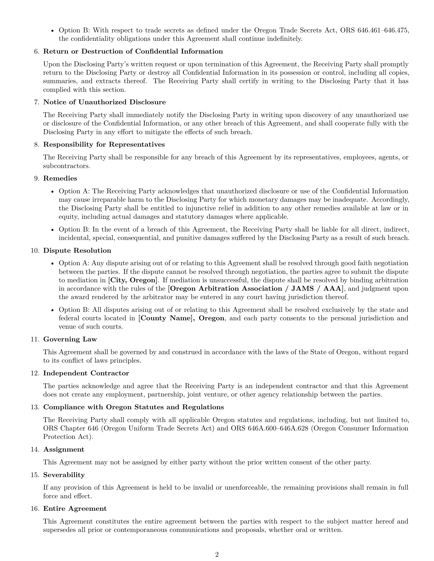 Preview page 2 of Free Oregon consultant nda template
