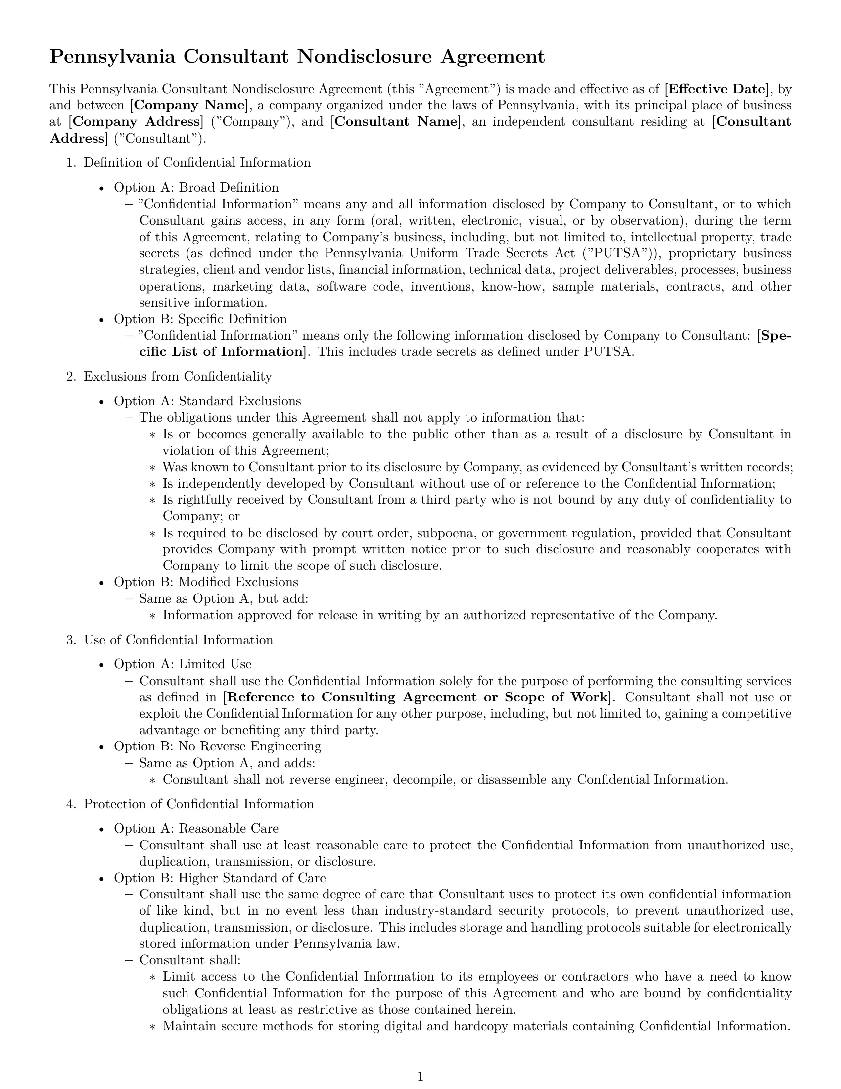 Preview page 1 of Free Pennsylvania consultant nda template
