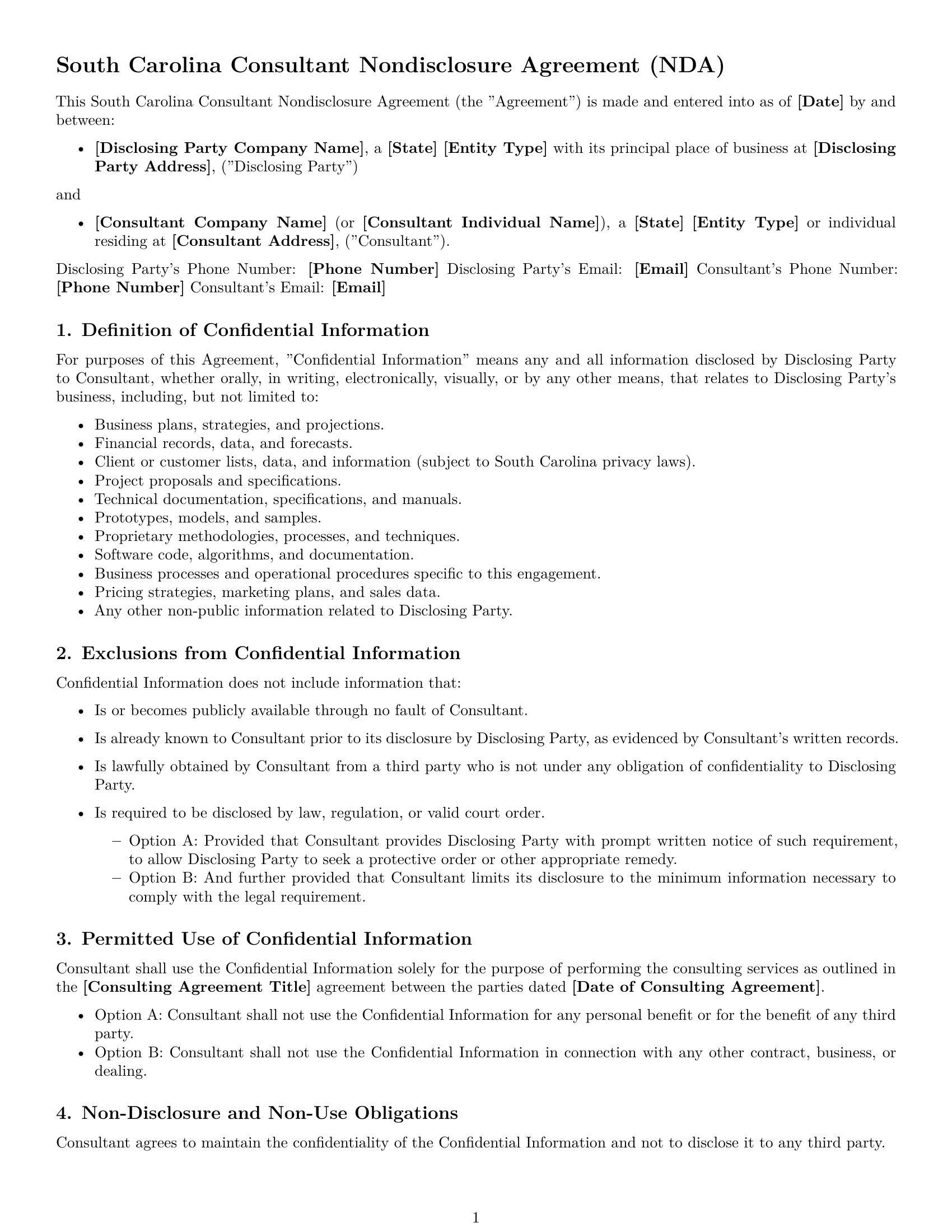 Preview page 1 of Free South Carolina consultant nda template