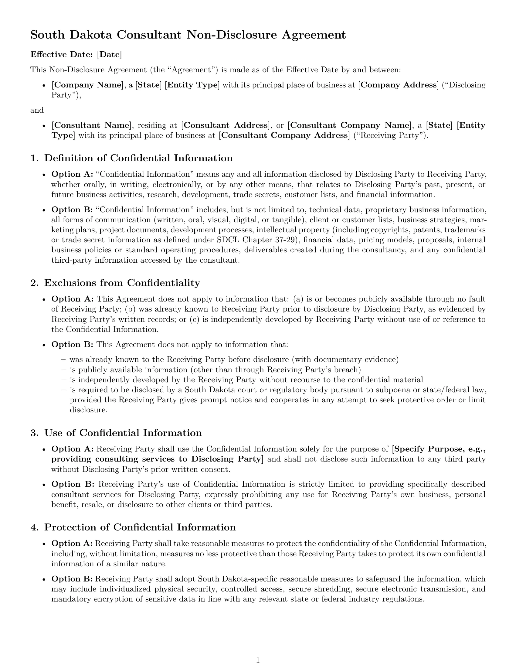 Preview page 1 of Free South Dakota consultant nda template