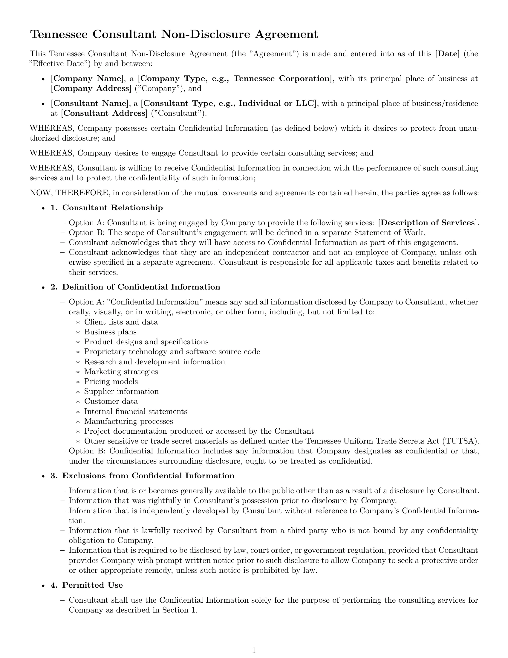 Preview page 1 of Free Tennessee consultant nda template