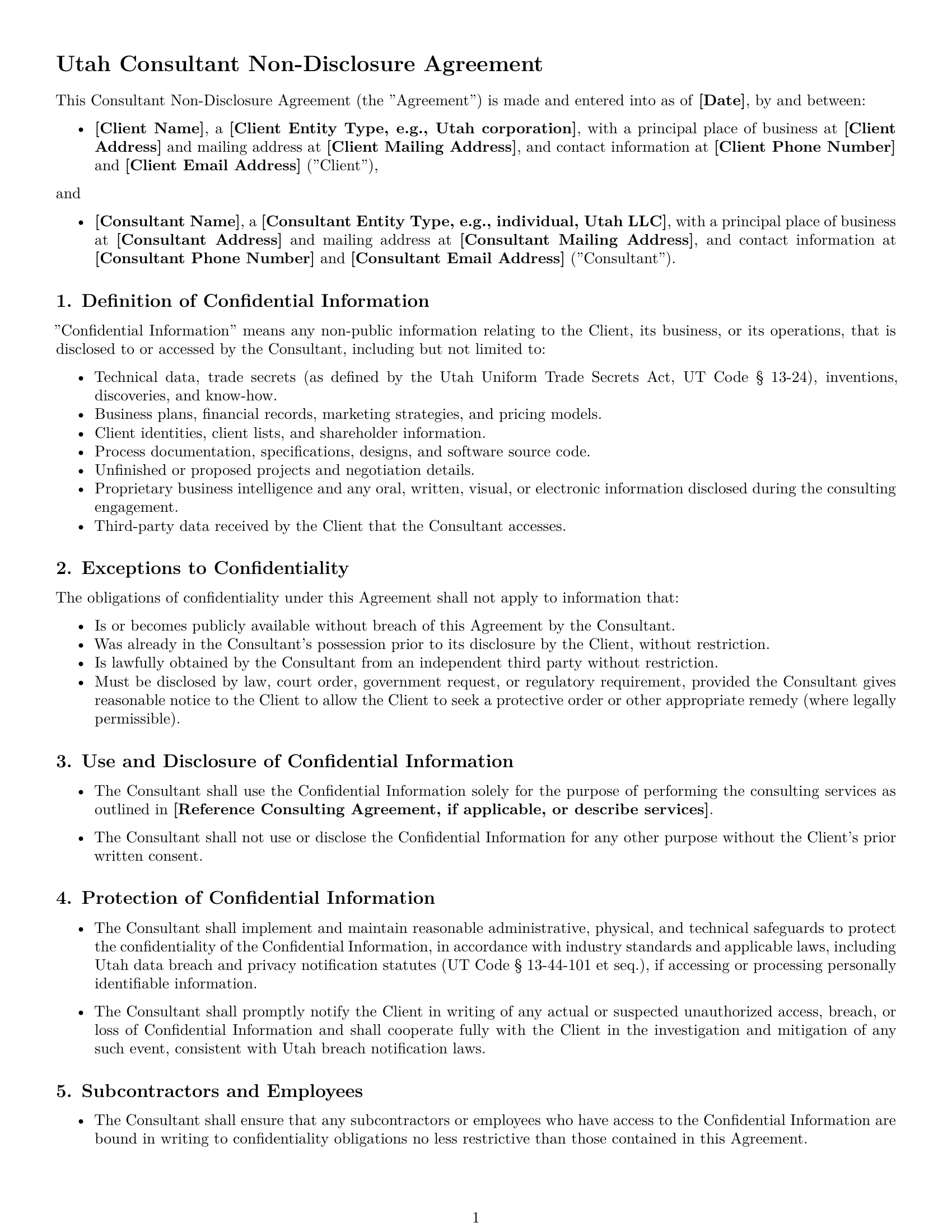 Preview page 1 of Free Utah consultant nda template