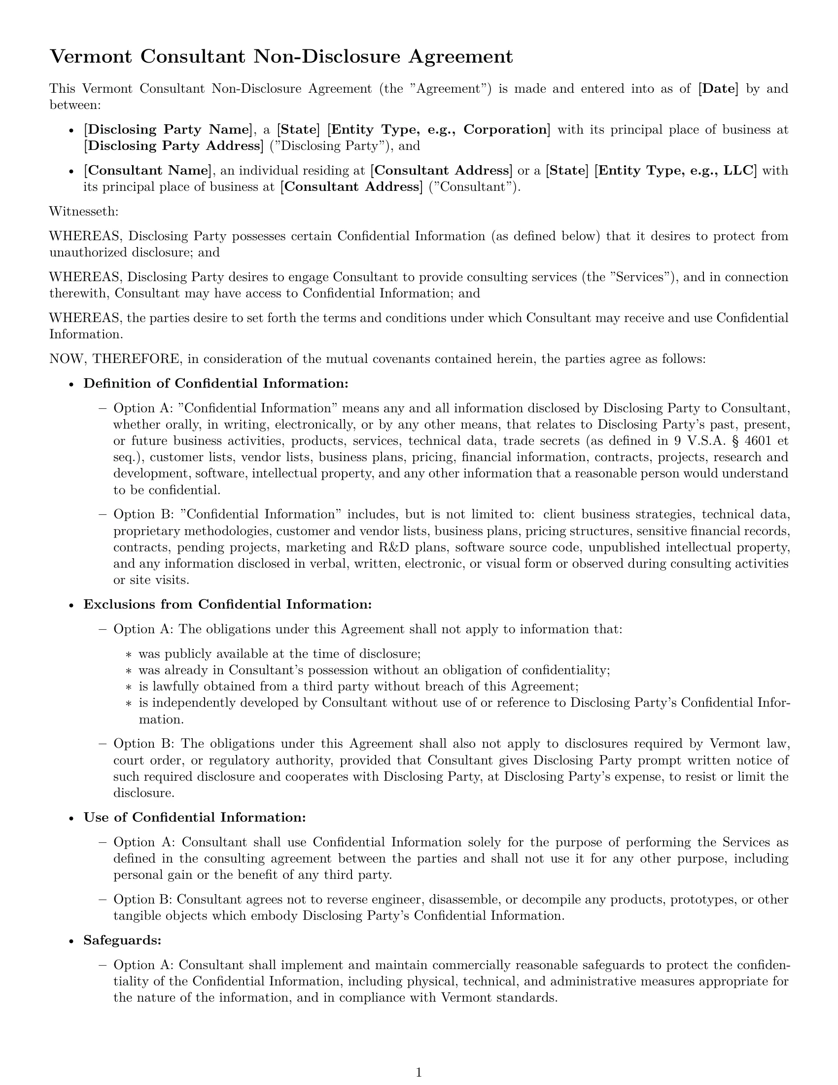 Preview page 1 of Free Vermont consultant nda template