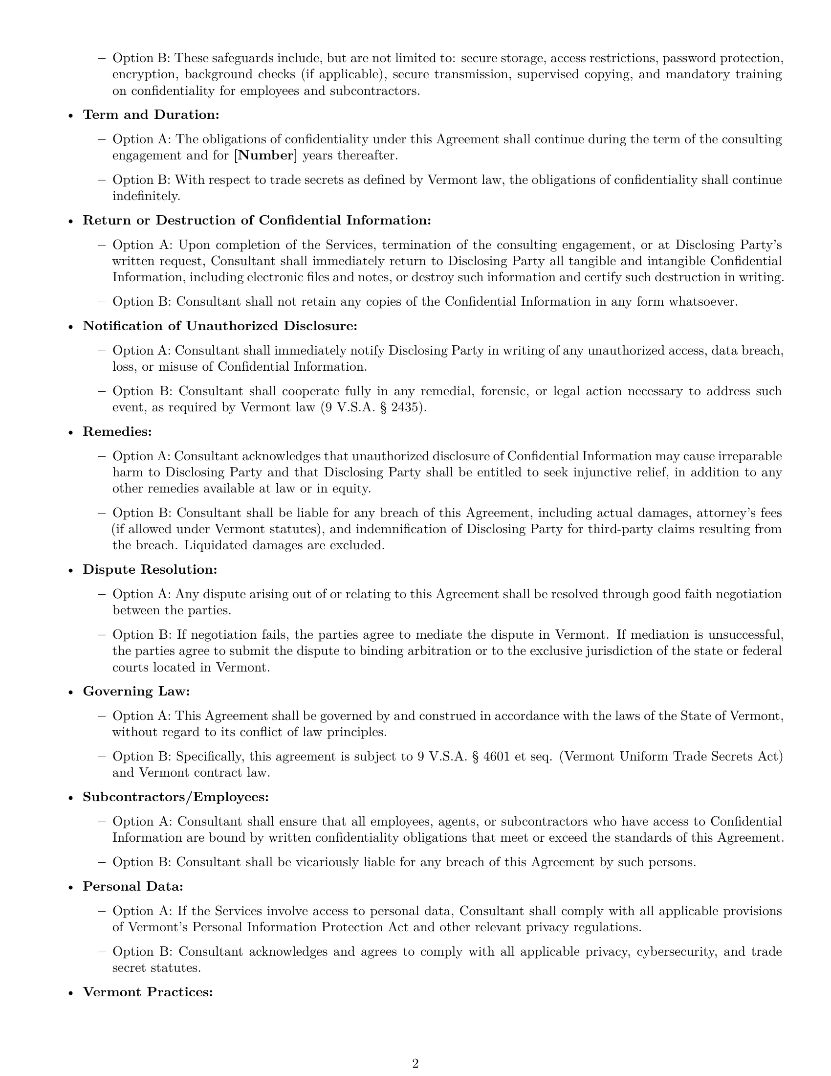 Preview page 2 of Free Vermont consultant nda template