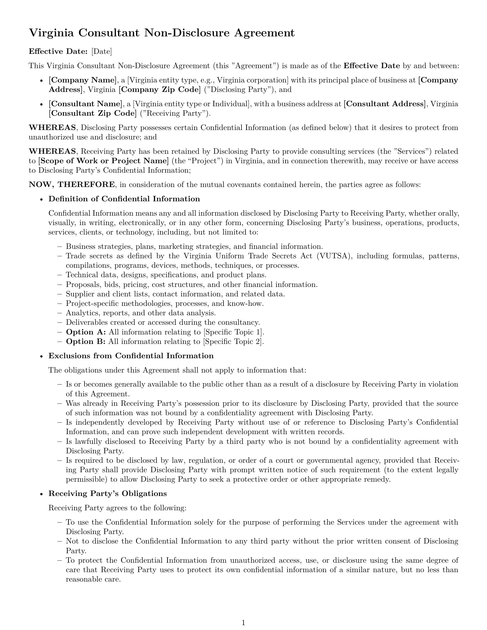 Preview page 1 of Free Virginia consultant nda template